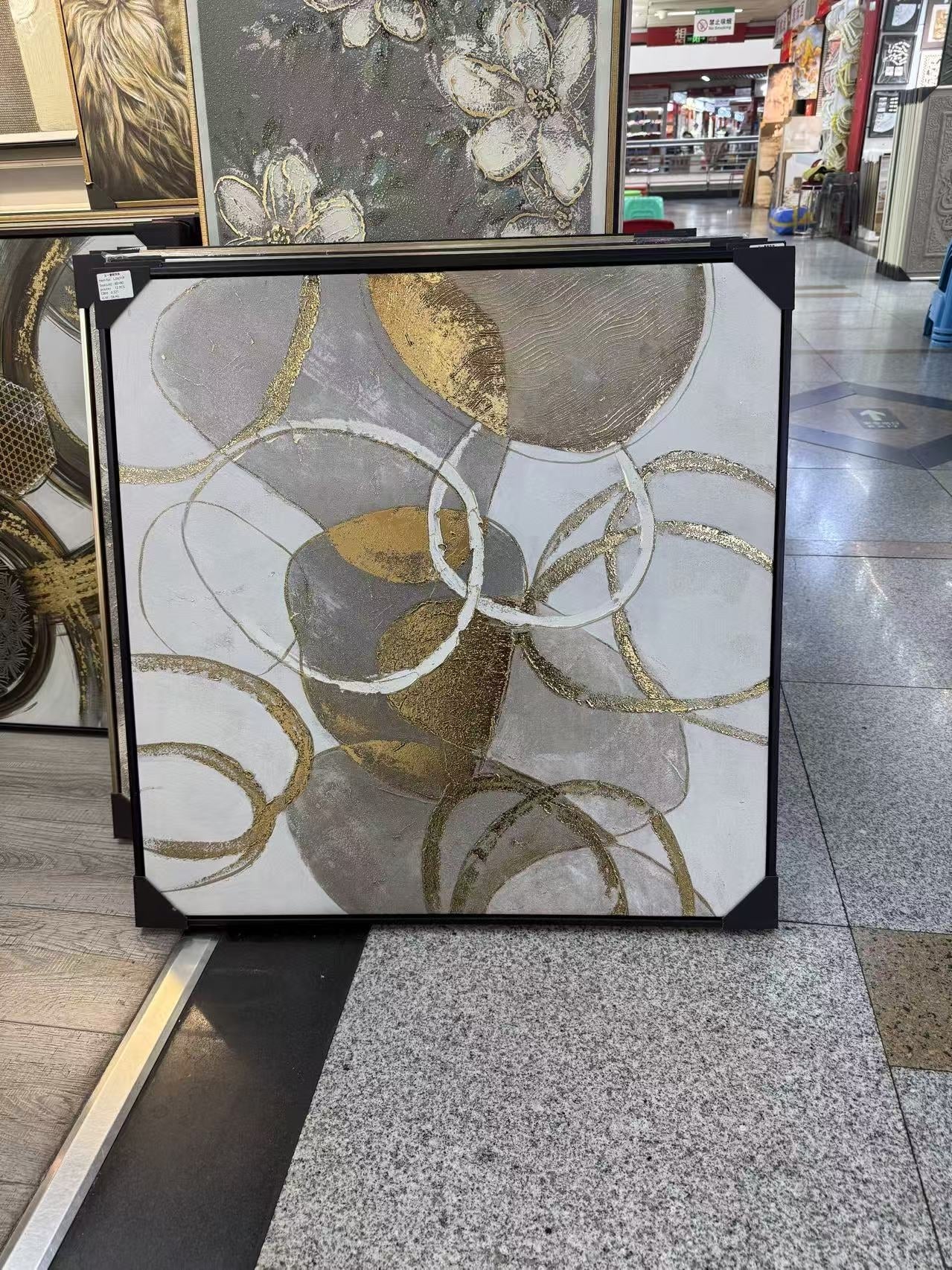 „Auksinė geometrija“ modernus abstraktus paveikslas, 80 × 80 cm