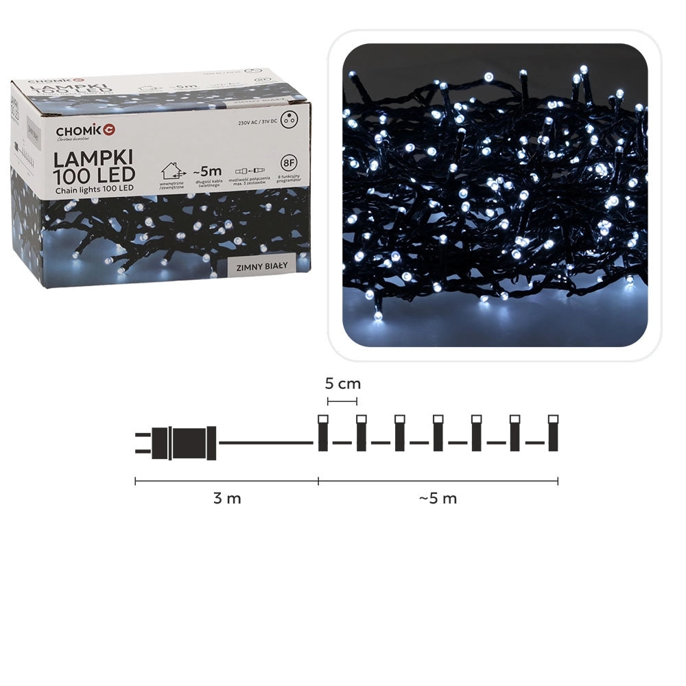 Kalėdinės LED girliandos, 100 LED, šaltai balta šviesa, 5 m