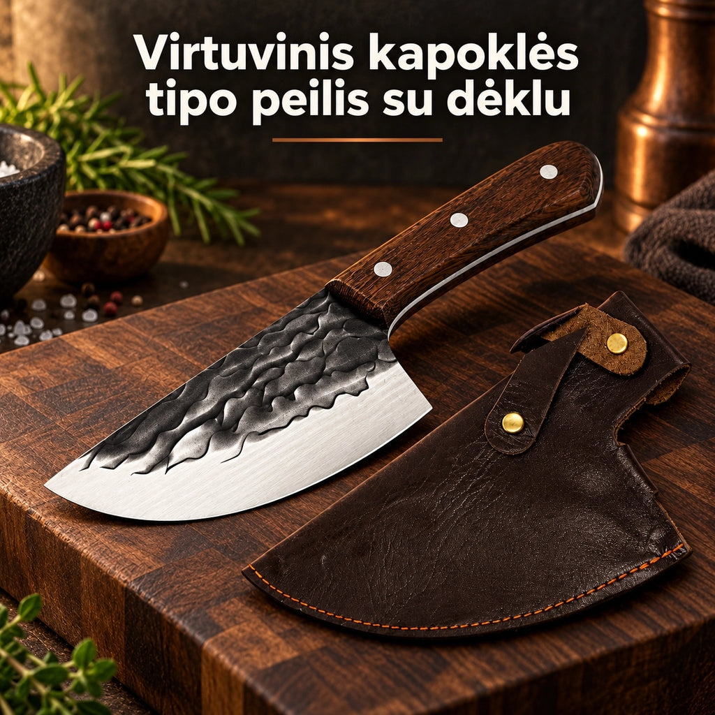 Kokybiškas masyvus virtuvinis peilis su odiniu dėklu