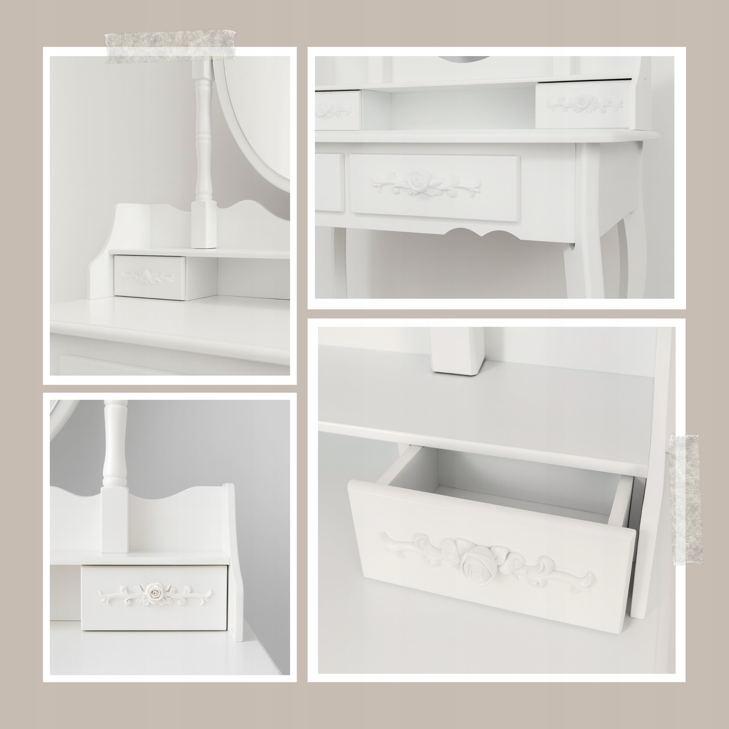 Kosmetinis staliukas su besisukančiu veidrodžiu ir taburete MISTY, baltas