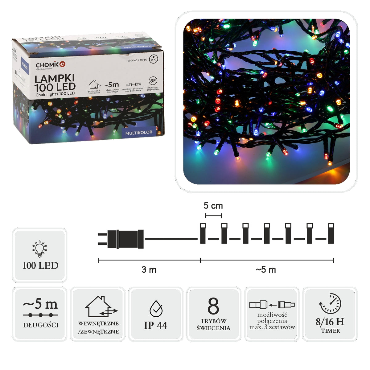 LED girlianda, 100 LED, 8 m, spalvota