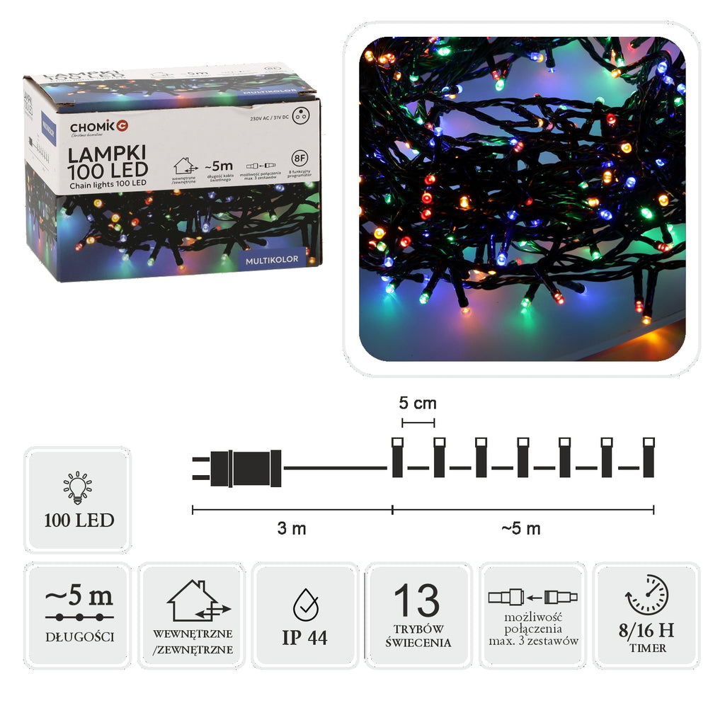 LED girlianda, 100 LED, 8 m, spalvota