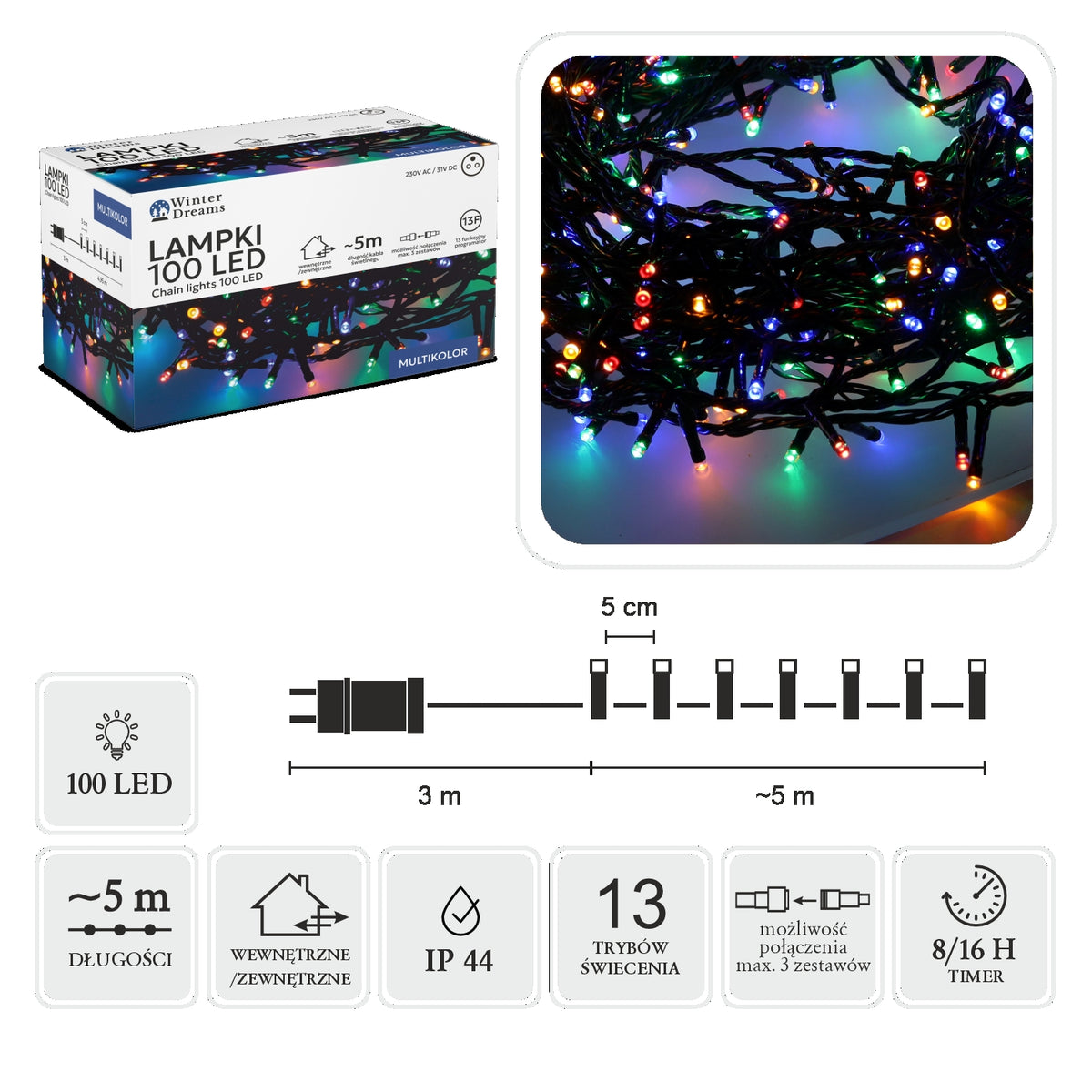 LED girlianda, 100 LED, 8 m, spalvota