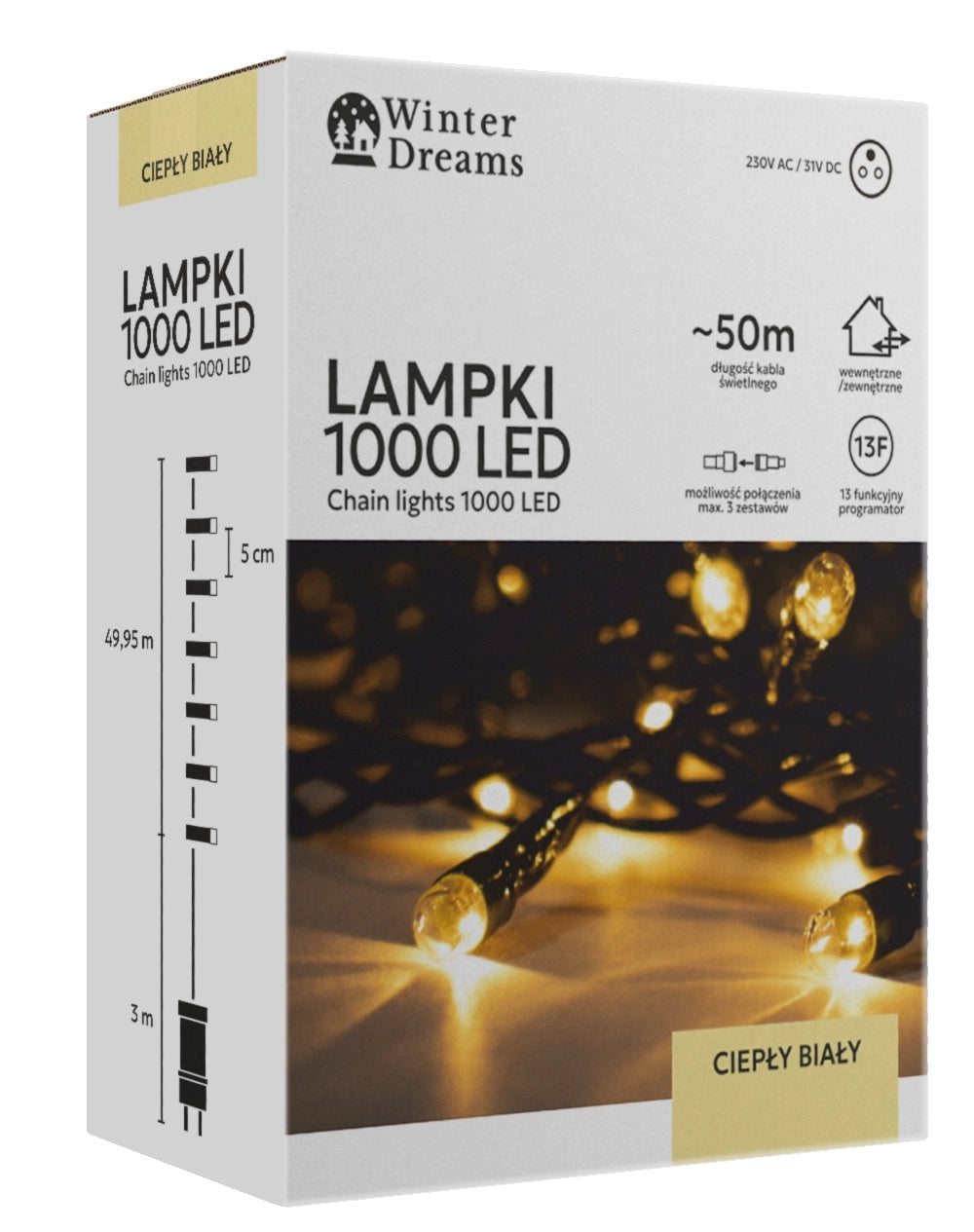 LED girlianda, 1000 LED, 53 m, šiltai balta