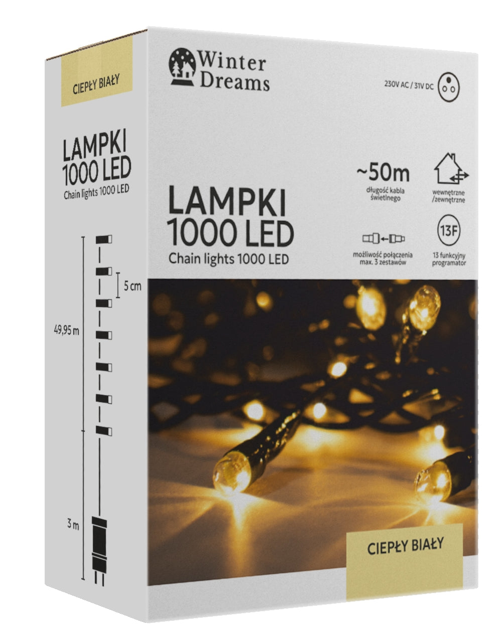 LED girlianda, 1000 LED, 53 m, šiltai balta