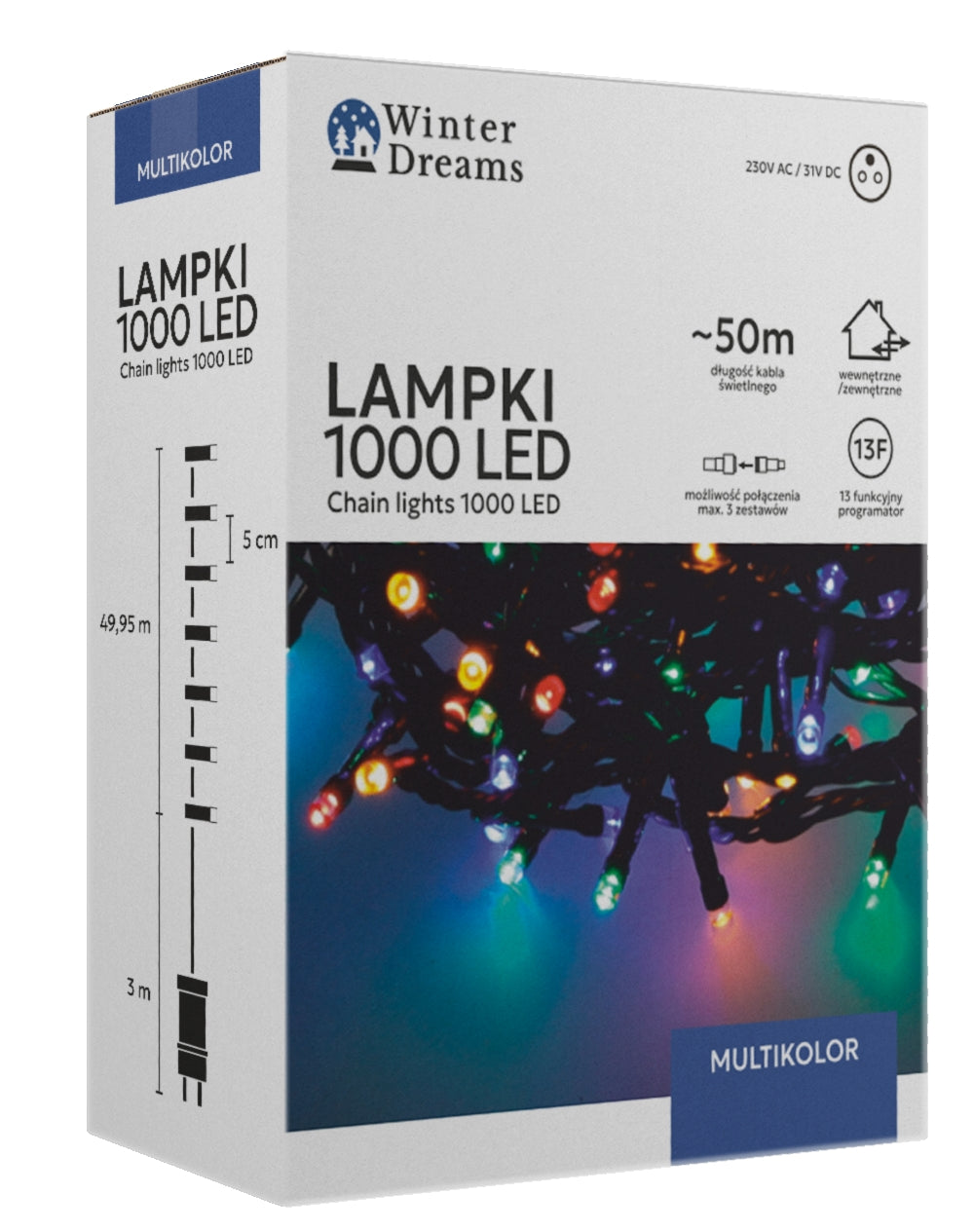 LED girlianda, 1000 LED, 53 m, spalvota