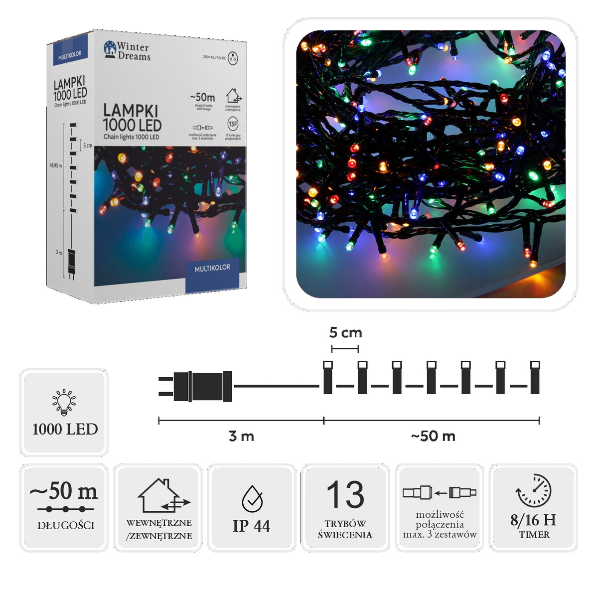 LED girlianda, 1000 LED, 53 m, spalvota