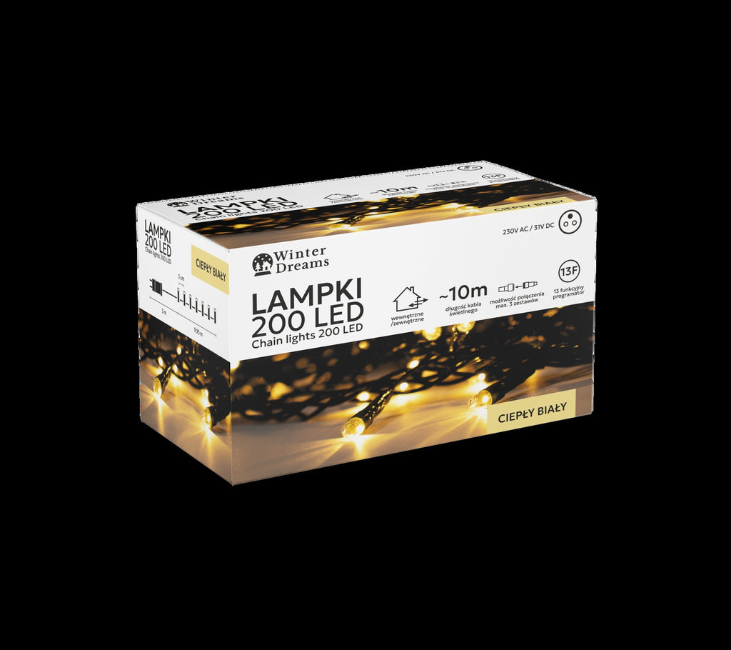 LED girlianda, 200 LED, 13 m, šiltai balta