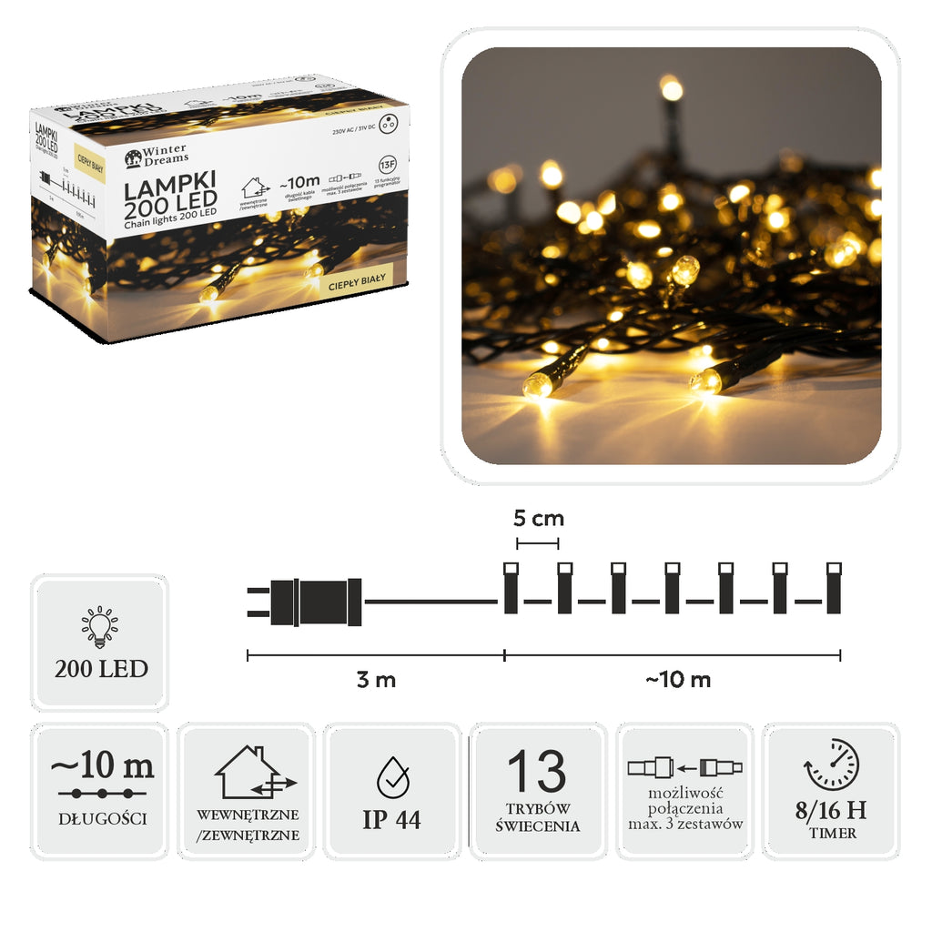 LED girlianda, 200 LED, 13 m, šiltai balta