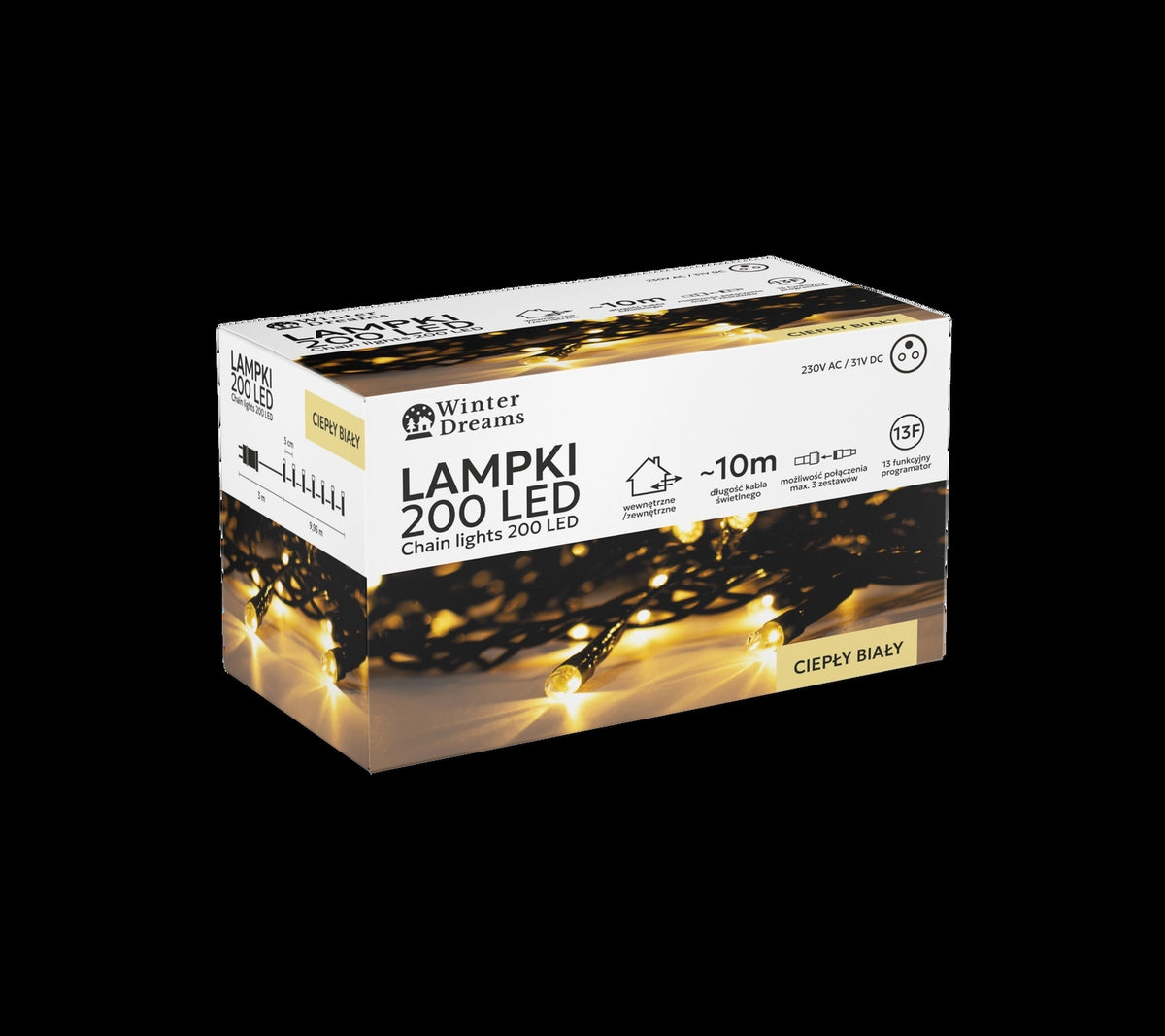 LED girlianda, 200 LED, 13 m, šiltai balta