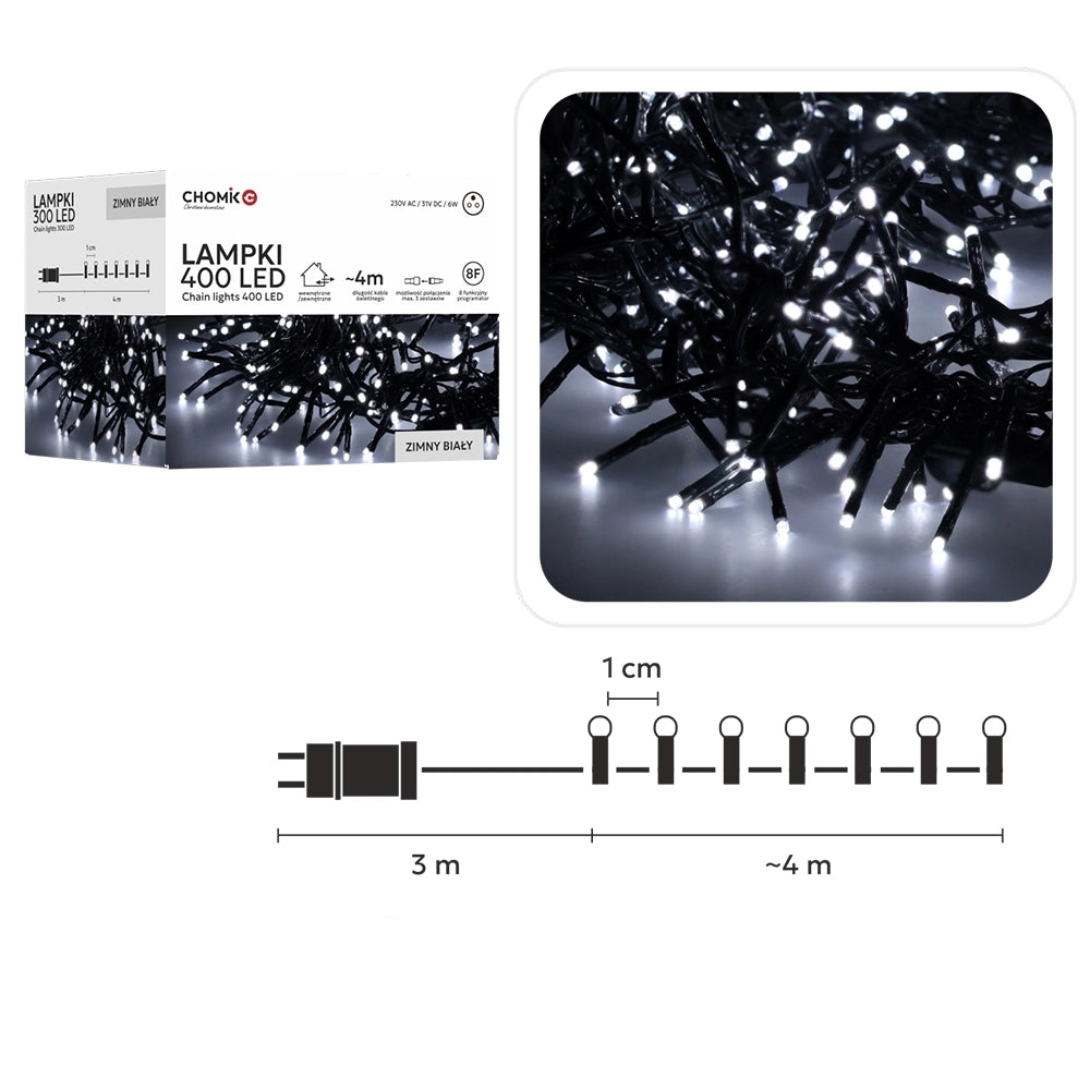 LED girlianda 400 LED, 4 m, šaltai balta