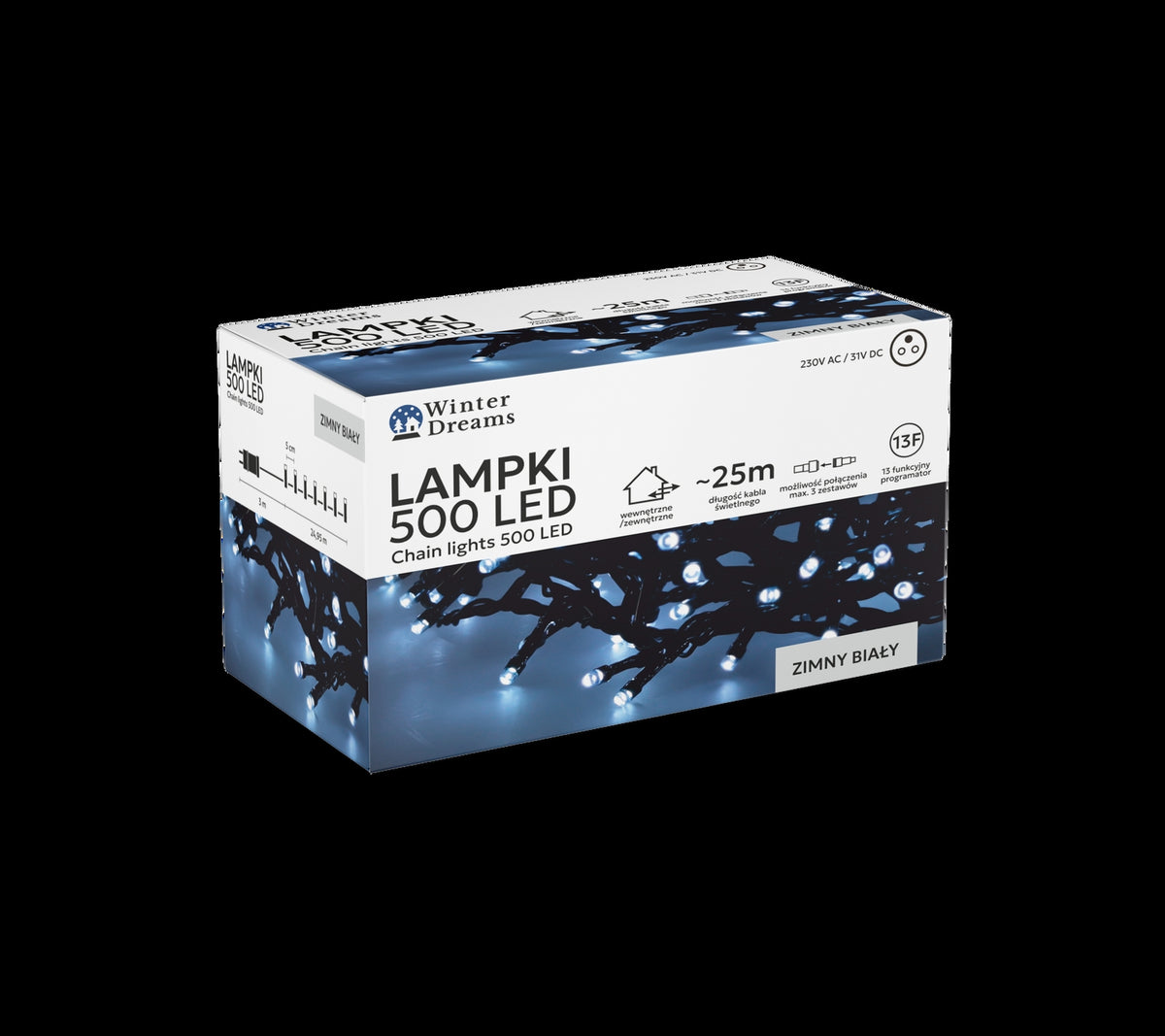 LED girlianda, 500 LED, 28 m, šaltai balta