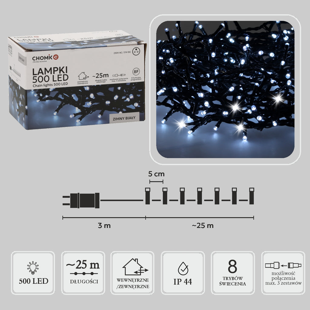 LED girlianda, 500 LED, 28 m, šaltai balta
