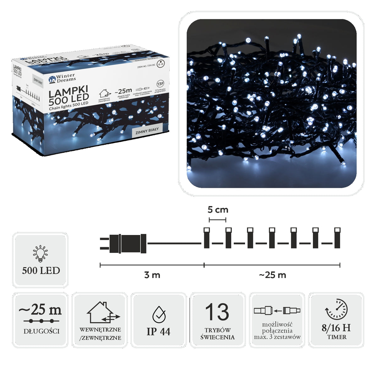 LED girlianda, 500 LED, 28 m, šaltai balta