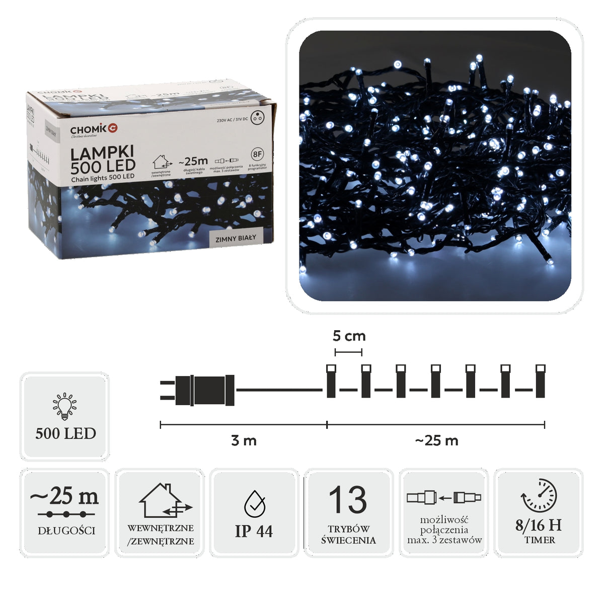 LED girlianda, 500 LED, 28 m, šaltai balta
