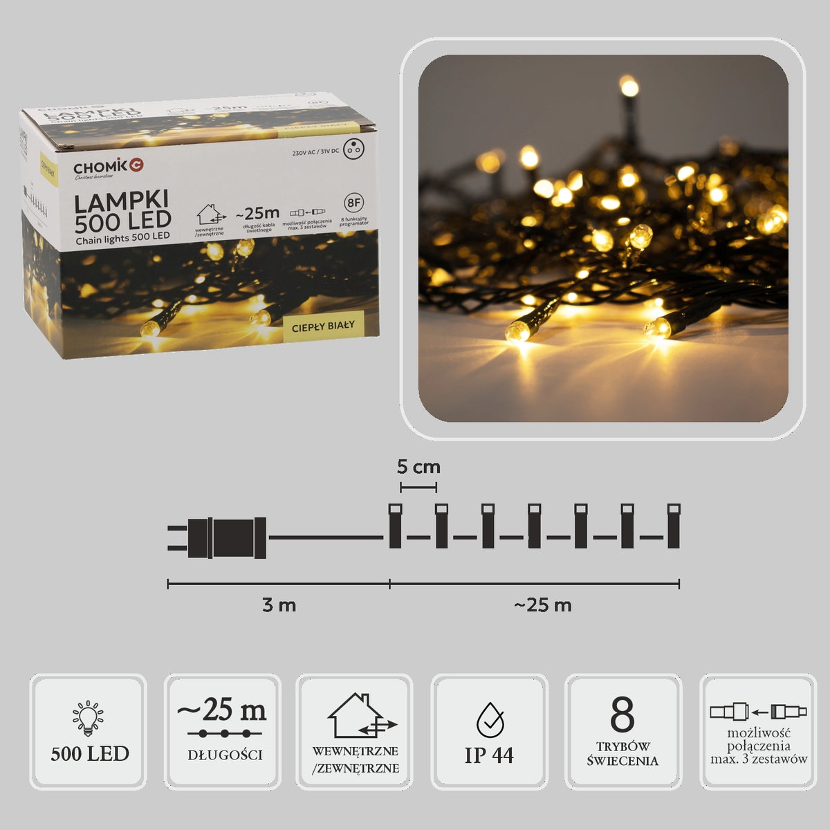 LED girlianda, 500 LED, 28 m, šiltai balta