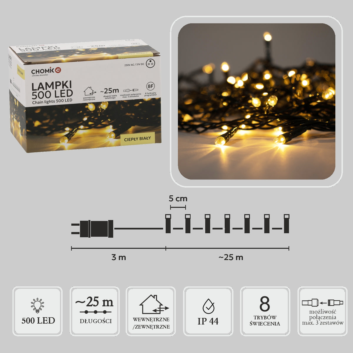 LED girlianda, 500 LED, 28 m, šiltai balta
