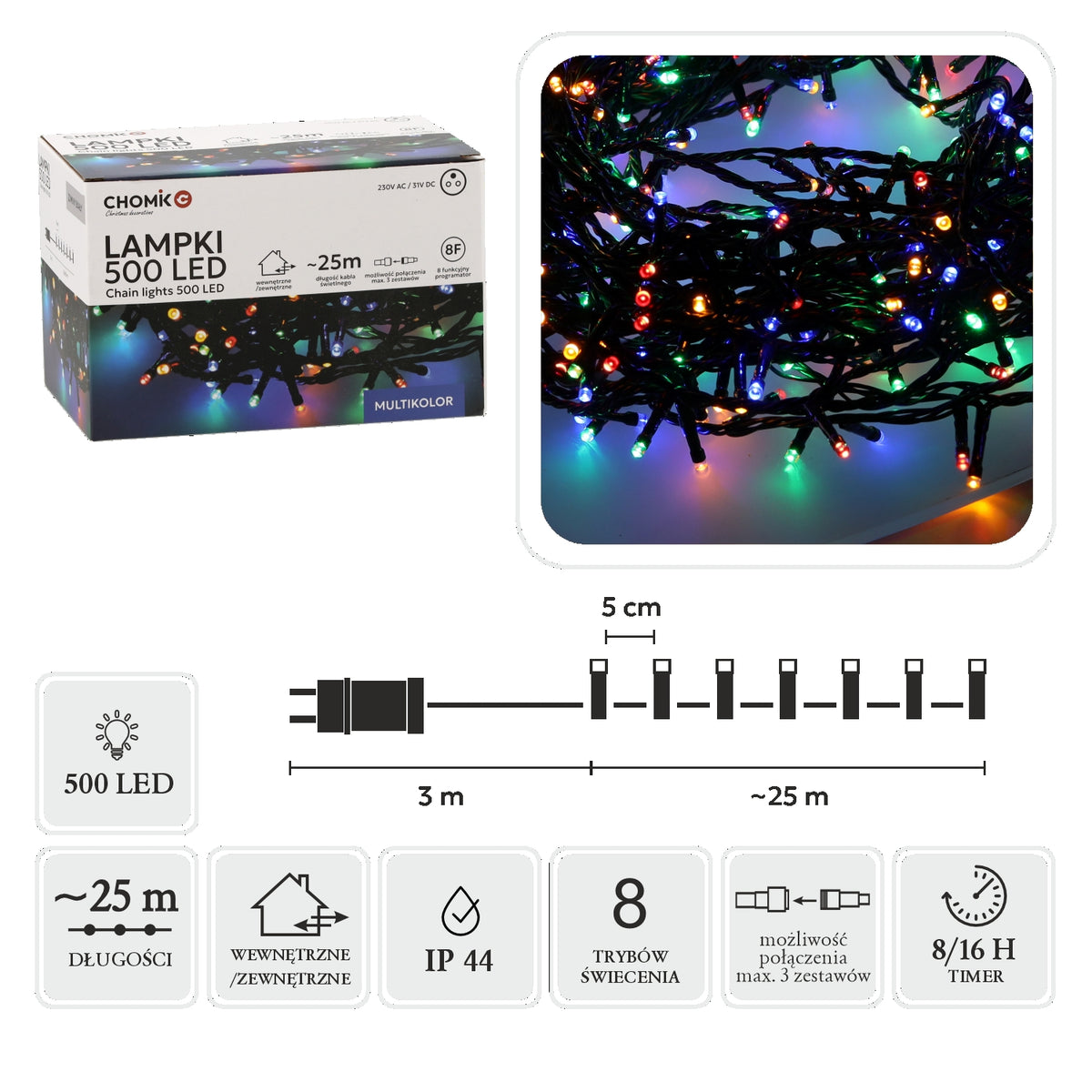 LED girlianda, 500 LED, 28 m, spalvota