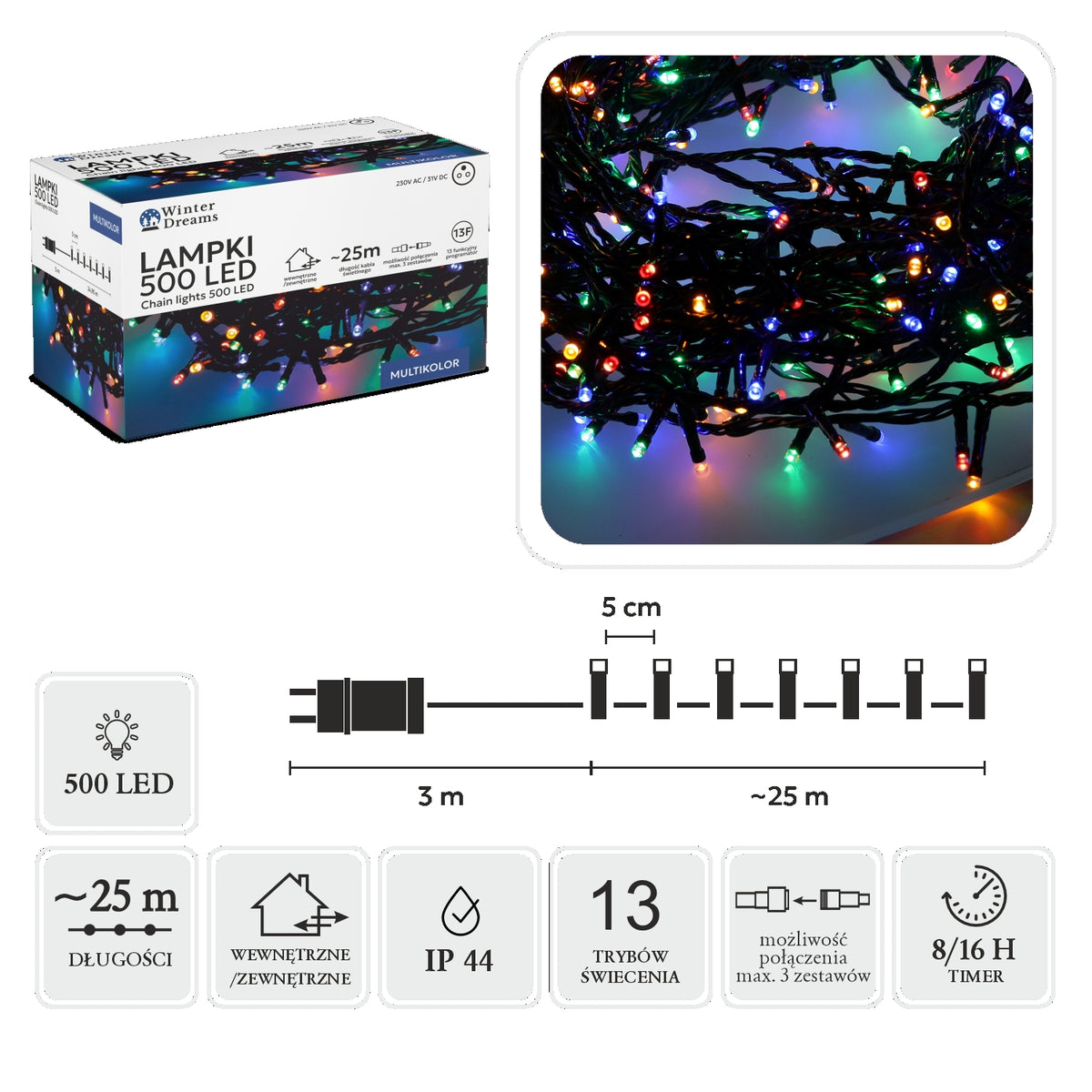 LED girlianda, 500 LED, 28 m, spalvota