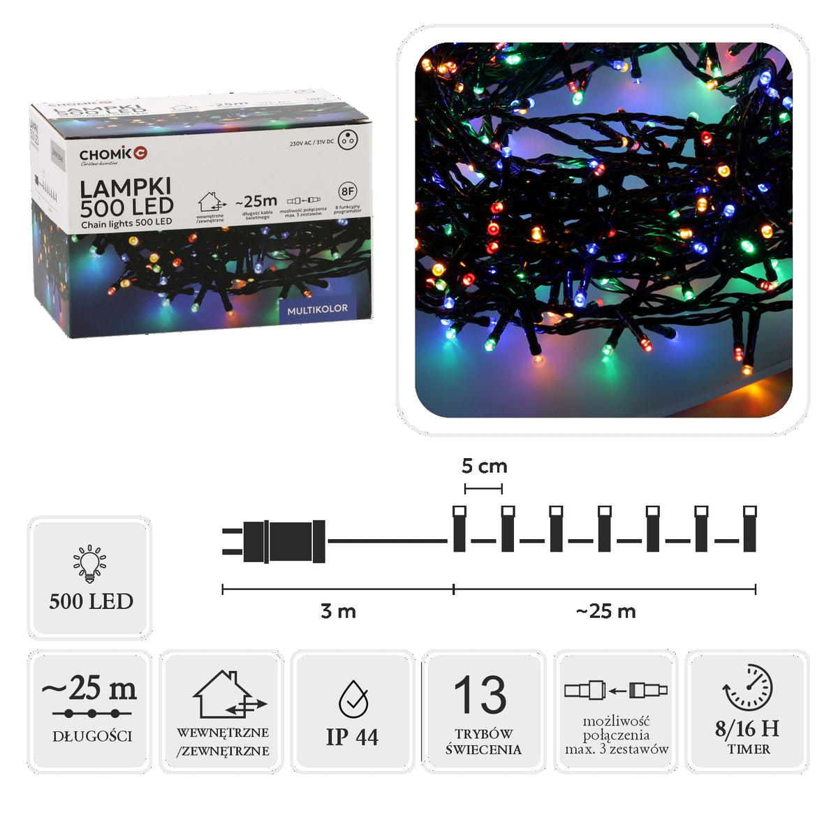 LED girlianda, 500 LED, 28 m, spalvota