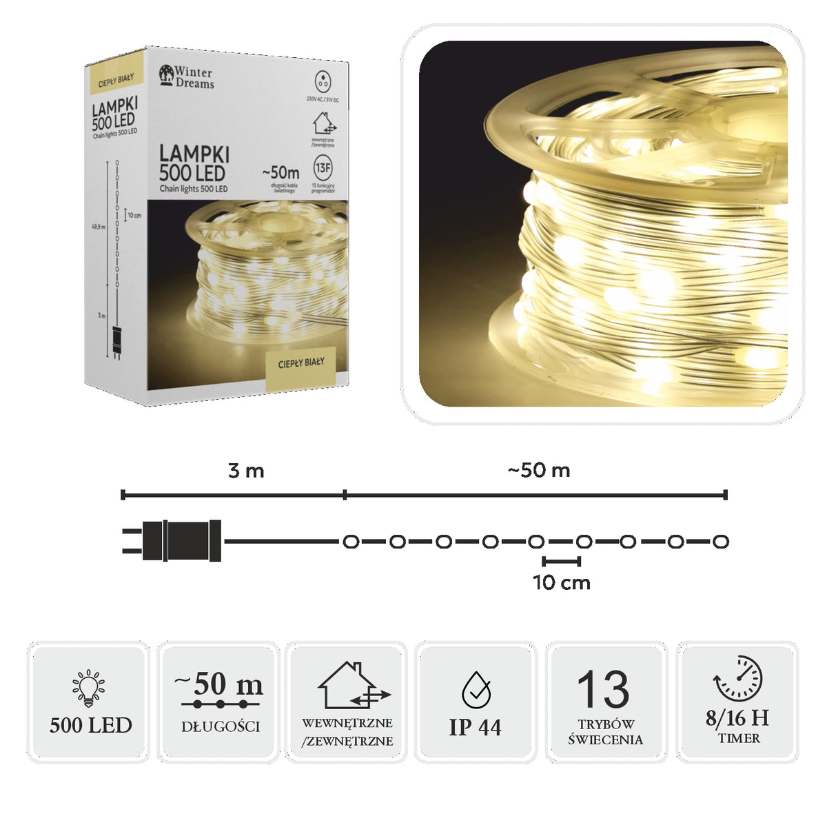 LED girlianda ant ritės, 500 LED, 53 m, šiltai balta