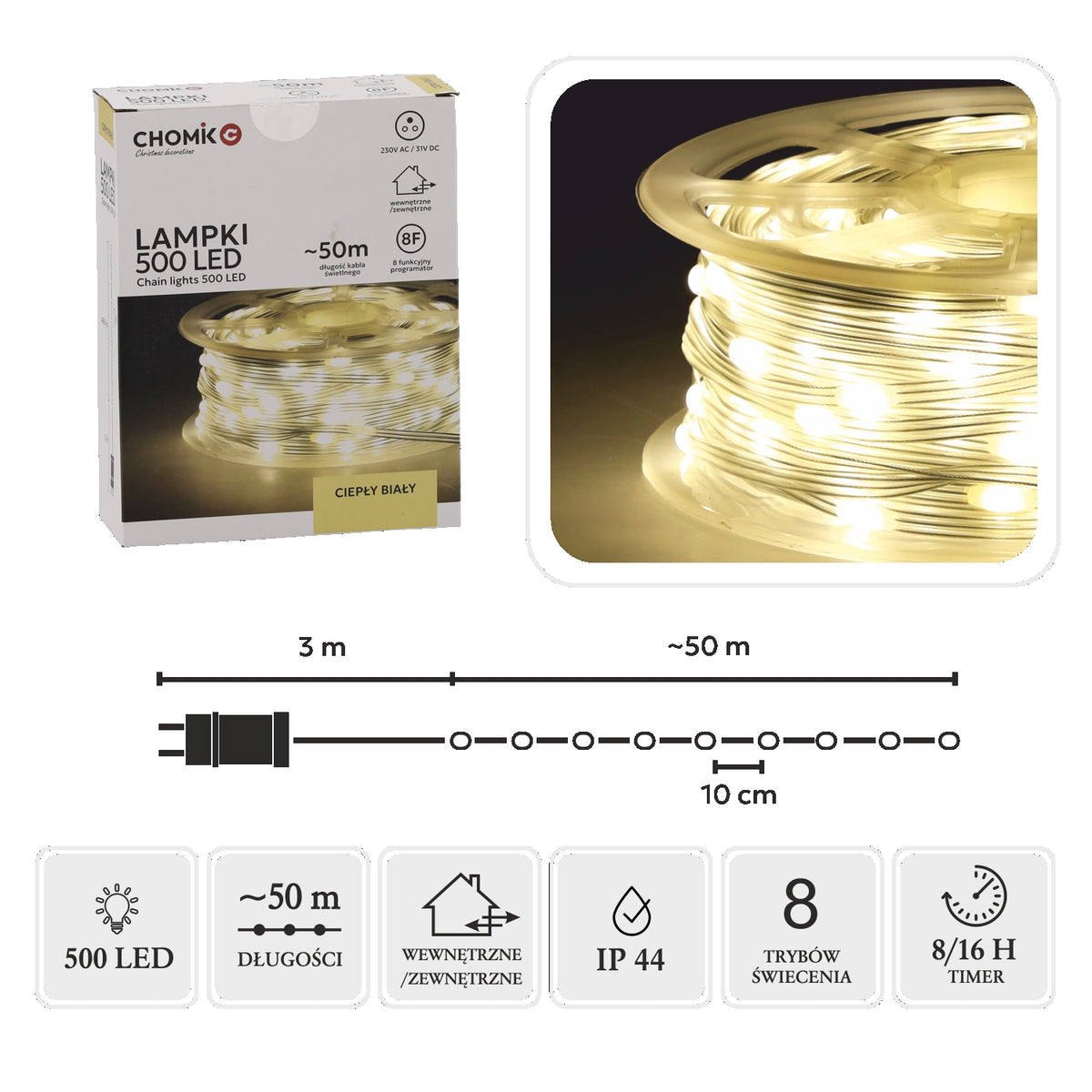 LED girlianda ant ritės, 500 LED, 53 m, šiltai balta