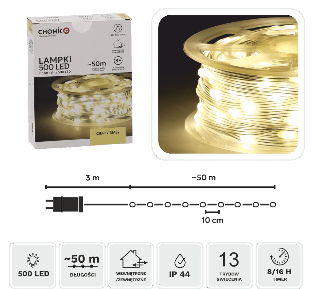 LED girlianda ant ritės, 500 LED, 53 m, šiltai balta