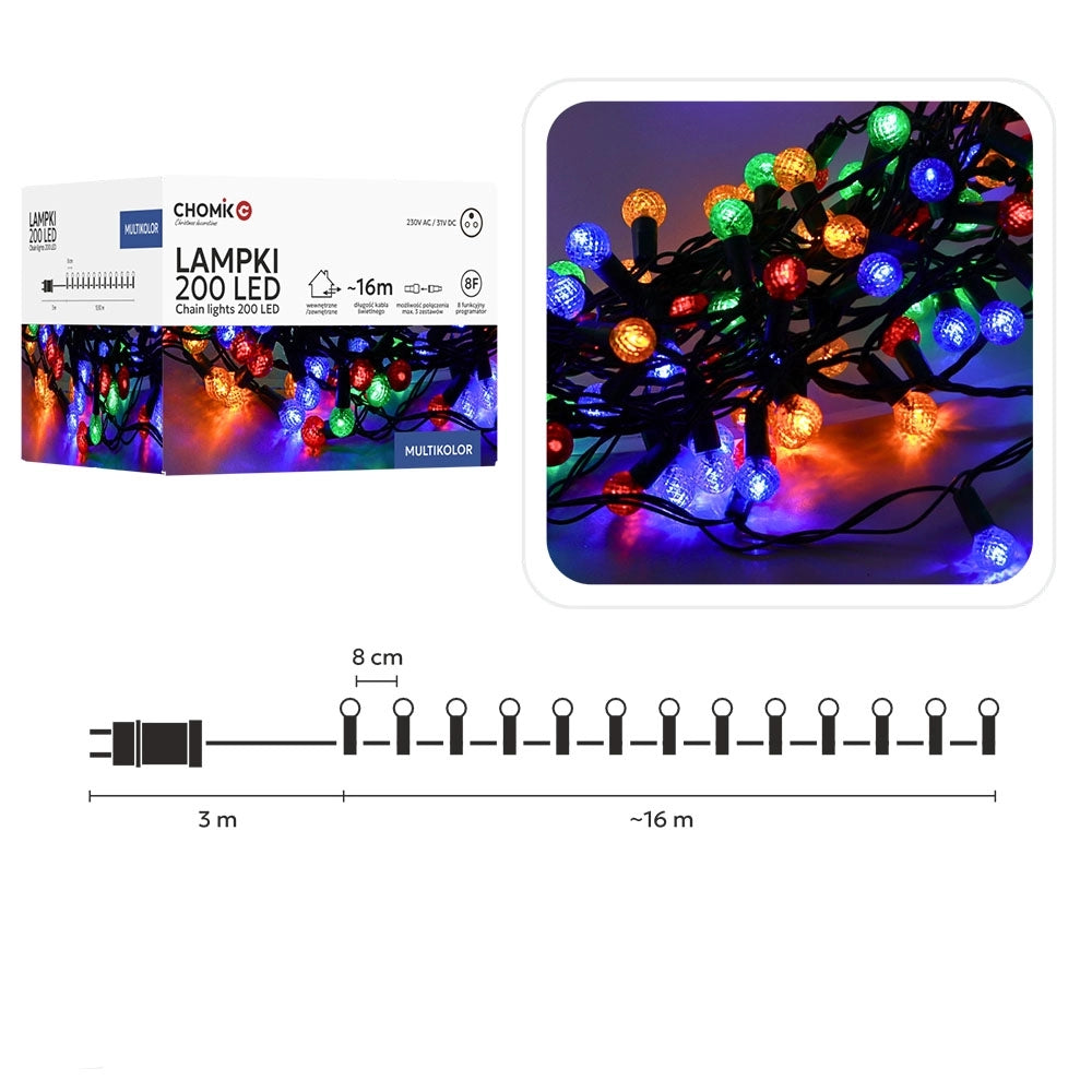 LED girlianda „Cherry Ball“ 200 LED, multispalvė, 16 m