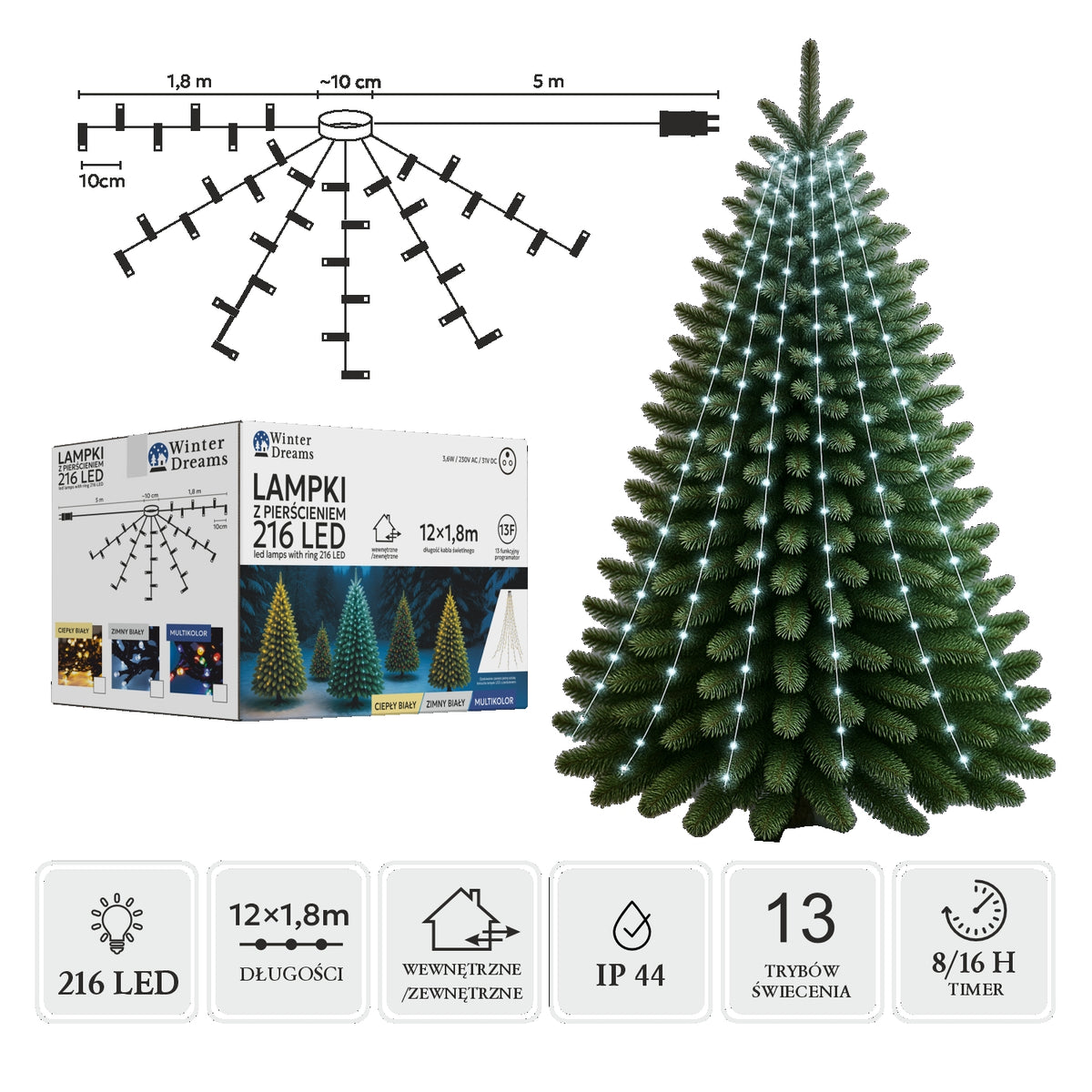 LED girlianda su žiedu, 12 × 1,8 m, 216 LED, šaltai balta