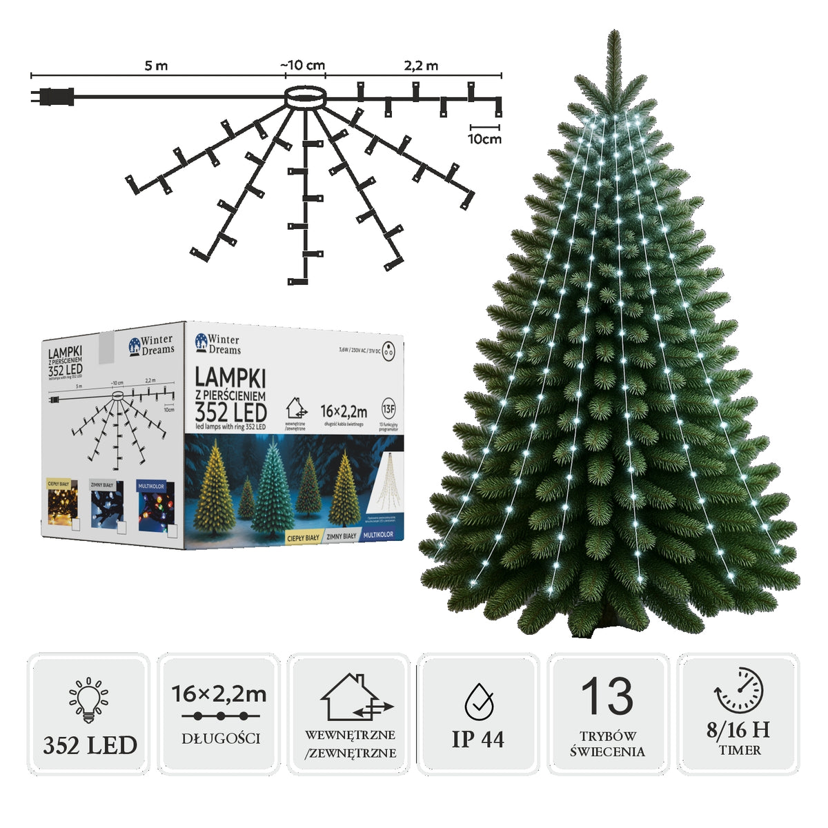 LED girlianda su žiedu, 16 × 2,2 m, 352 LED, šaltai balta