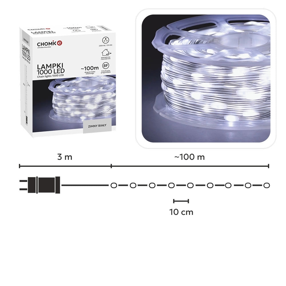 LED švieselių girlianda ant ritės 1000 LED, 100 m, šaltai balta