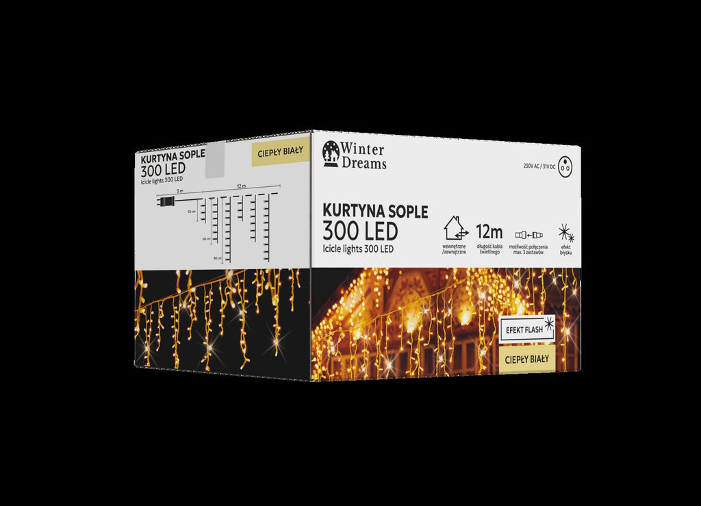 LED varveklių užuolaida, 300 LED, 12 m, šiltai balta su blyksniais
