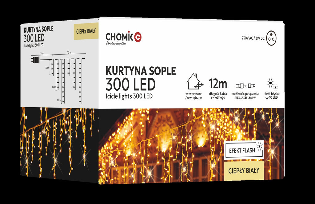LED varveklių užuolaida, 300 LED, 12 m, šiltai balta su blyksniais
