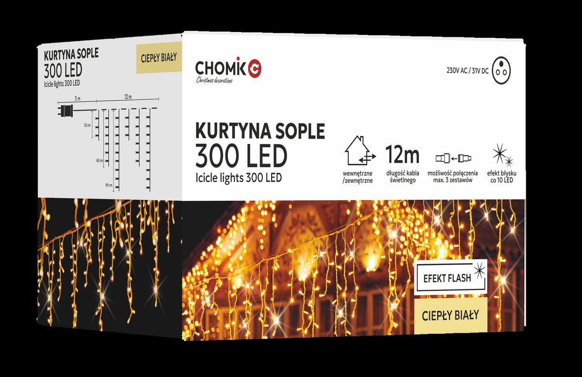 LED varveklių užuolaida, 300 LED, 12 m, šiltai balta su blyksniais