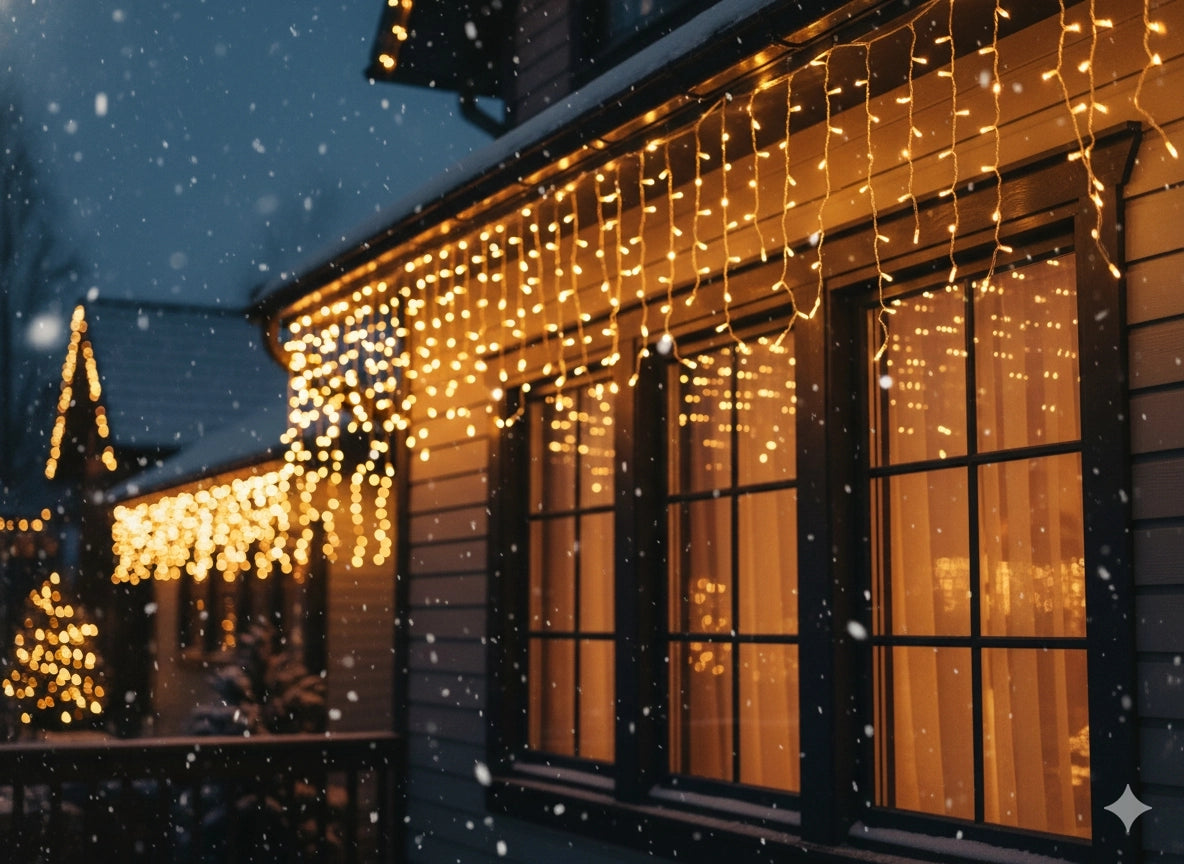 LED varveklių užuolaida, 300 LED, 12 m, šiltai balta su blyksniais