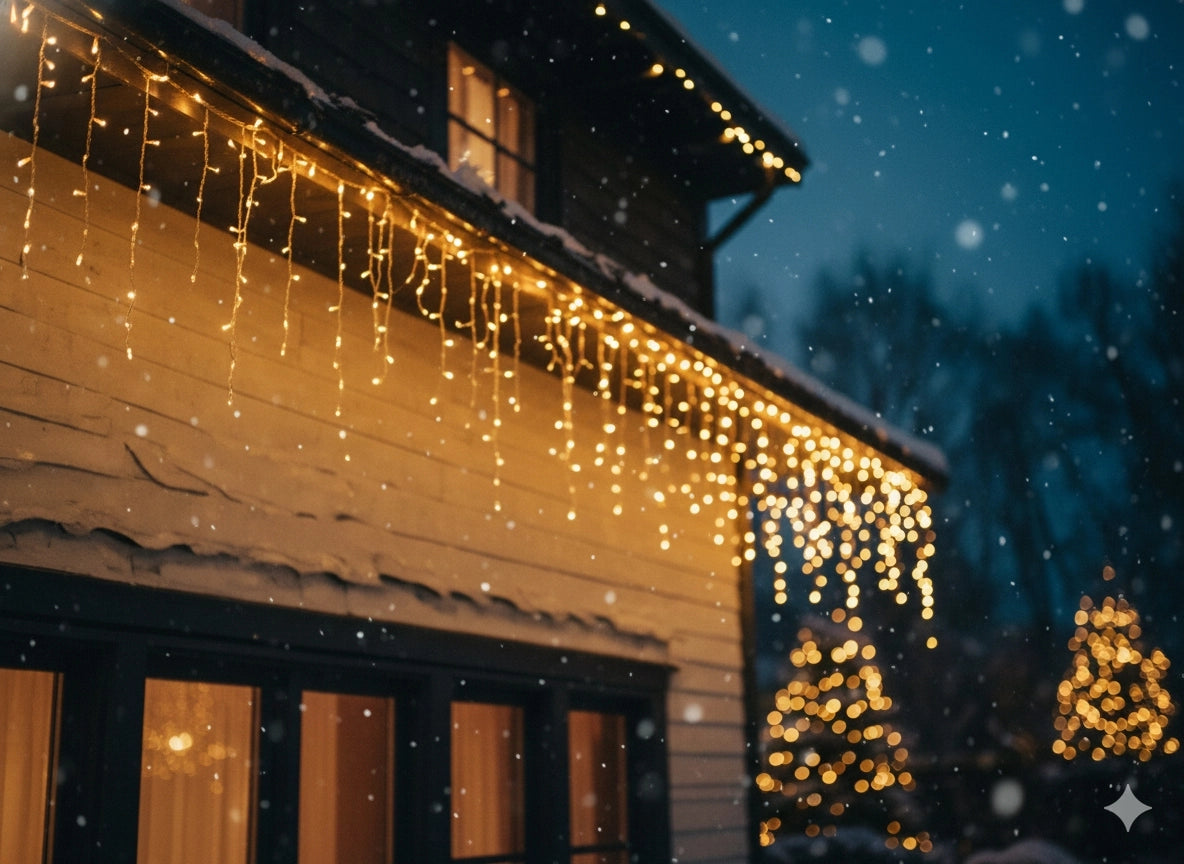 LED varveklių užuolaida, 300 LED, 12 m, šiltai balta su blyksniais