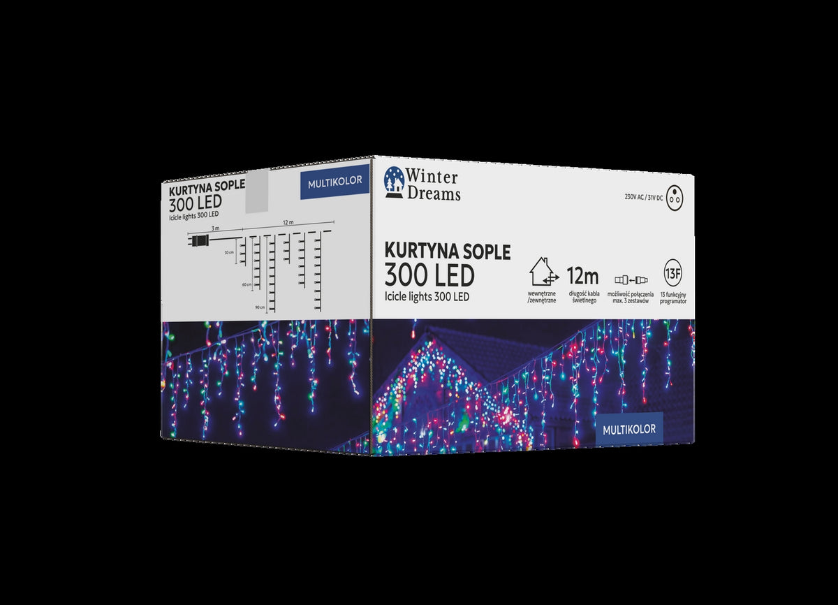 LED varveklių užuolaida, 300 LED, 12 m, spalvota