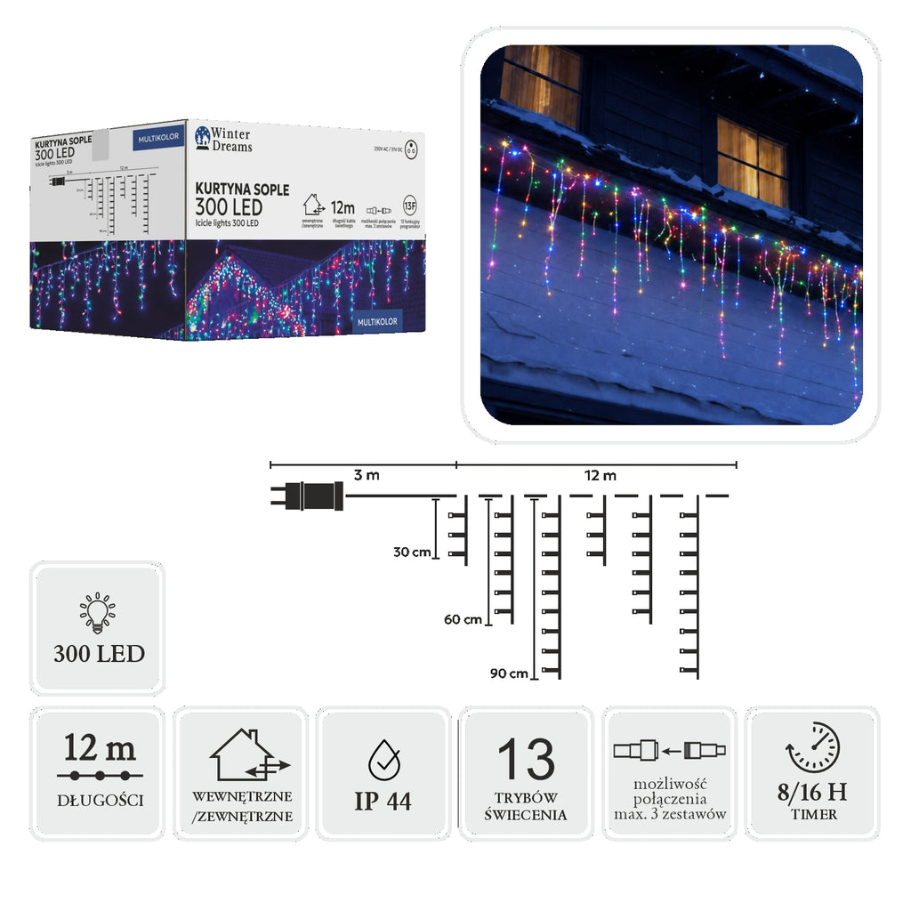 LED varveklių užuolaida, 300 LED, 12 m, spalvota