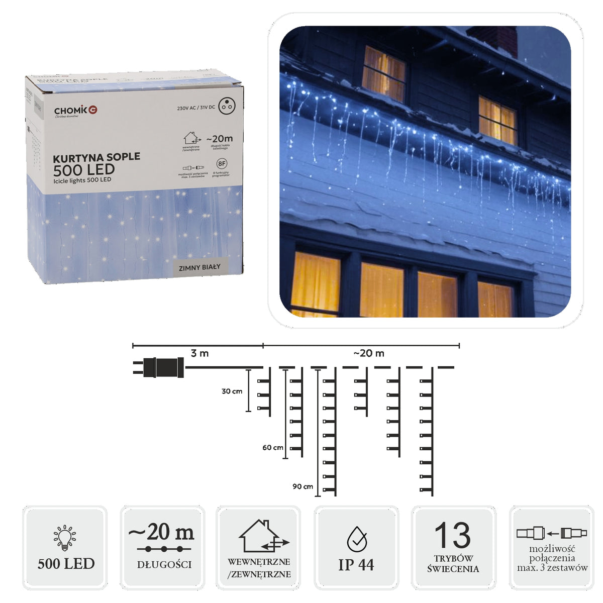 LED varveklių užuolaida, 500 LED, 20 m, šaltai balta
