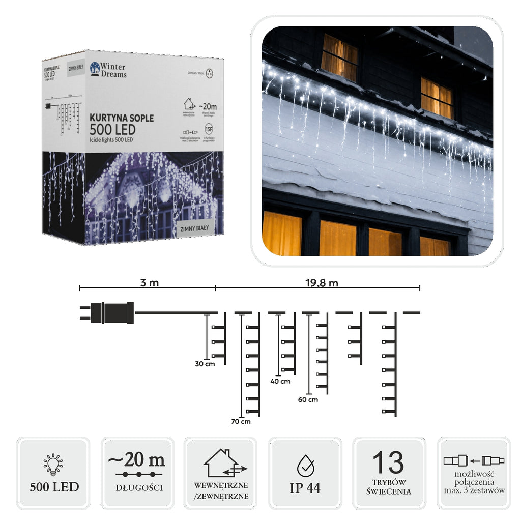 LED varveklių užuolaida, 500 LED, 20 m, šaltai balta