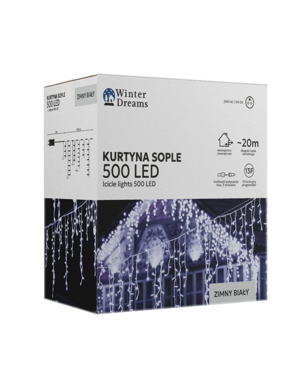 LED varveklių užuolaida, 500 LED, 20 m, šaltai balta