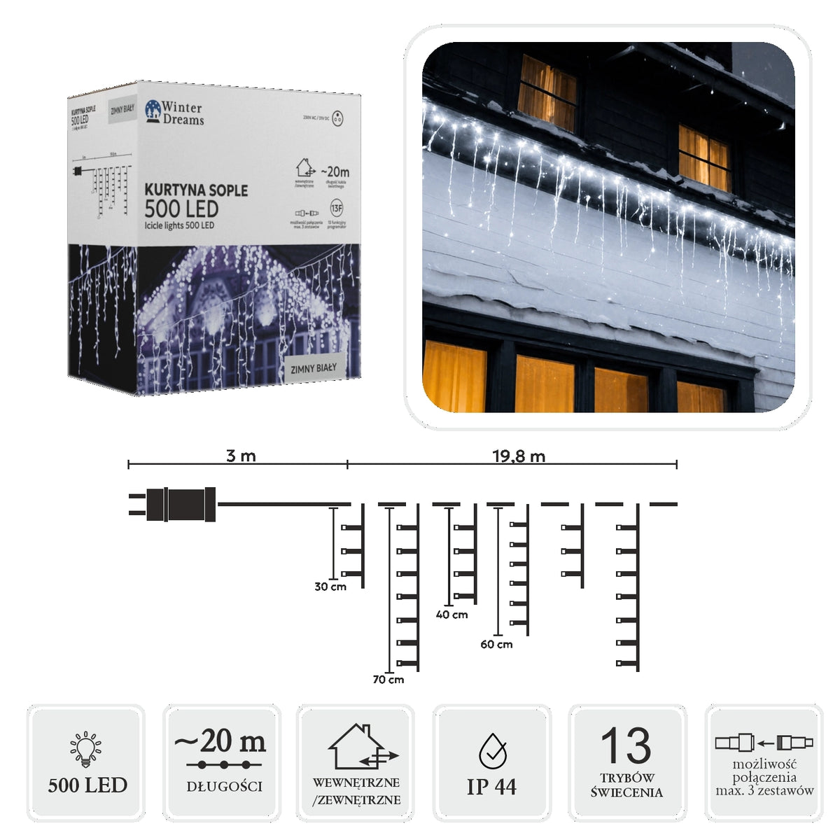 LED varveklių užuolaida, 500 LED, 20 m, šaltai balta
