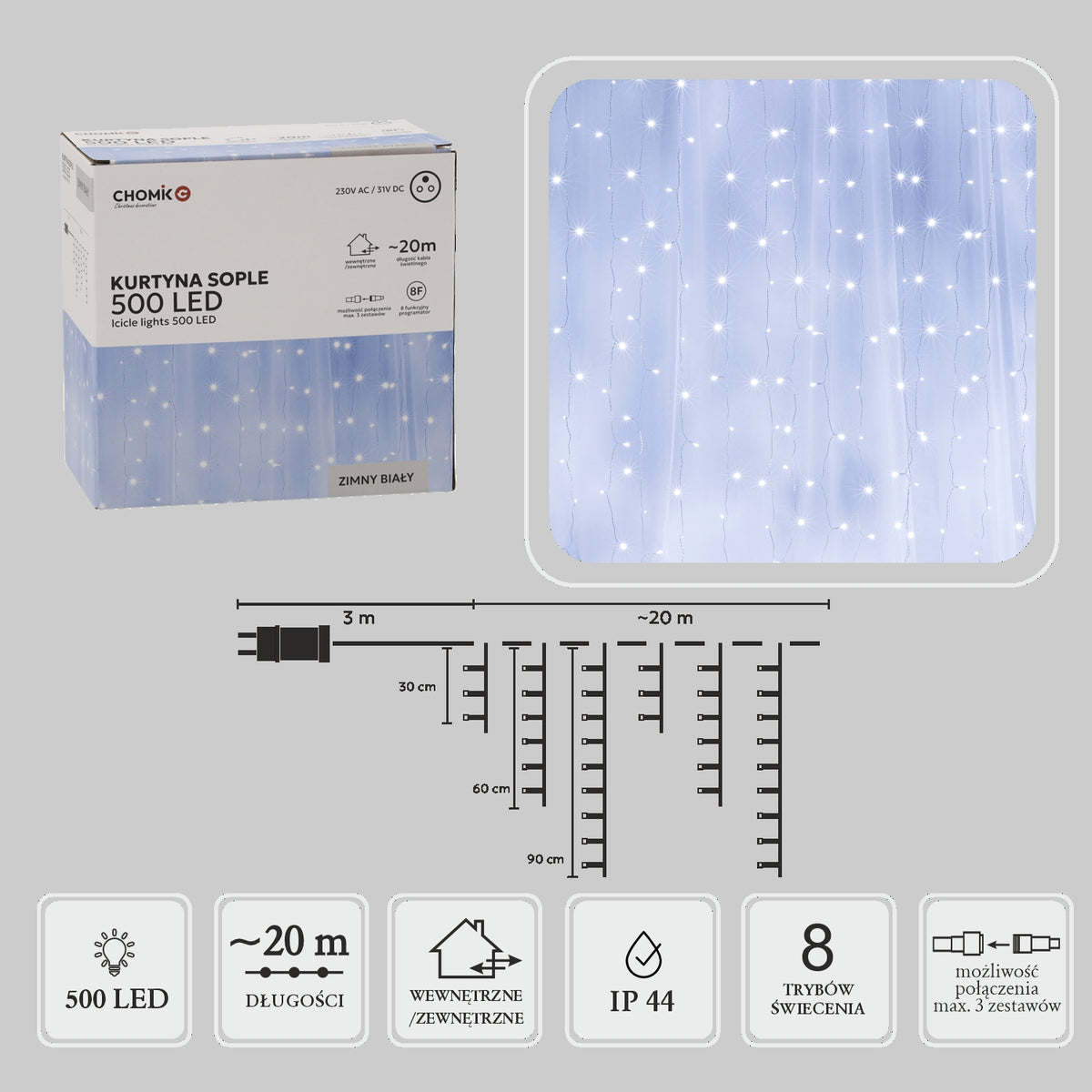 LED varveklių užuolaida, 500 LED, 20 m, šaltai balta