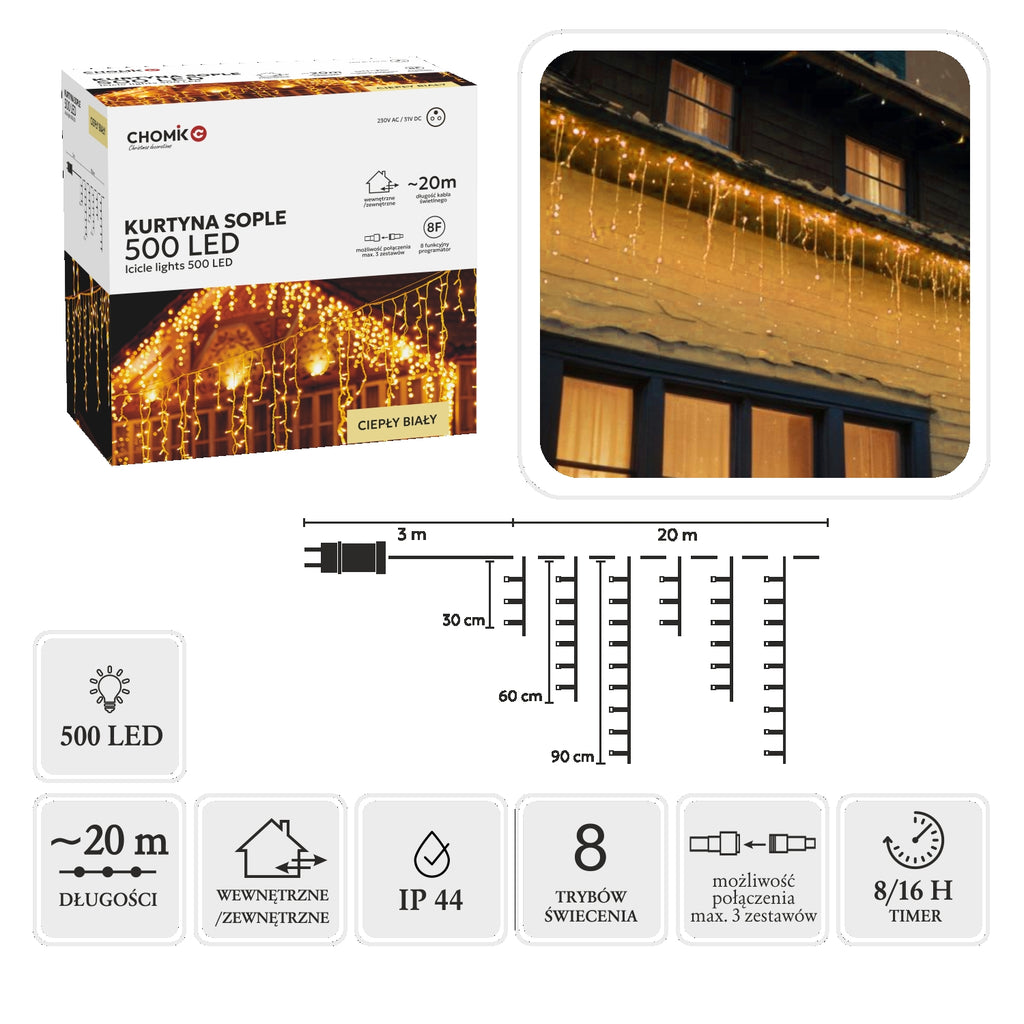 LED varveklių užuolaida, 500 LED, 20 m, šiltai balta