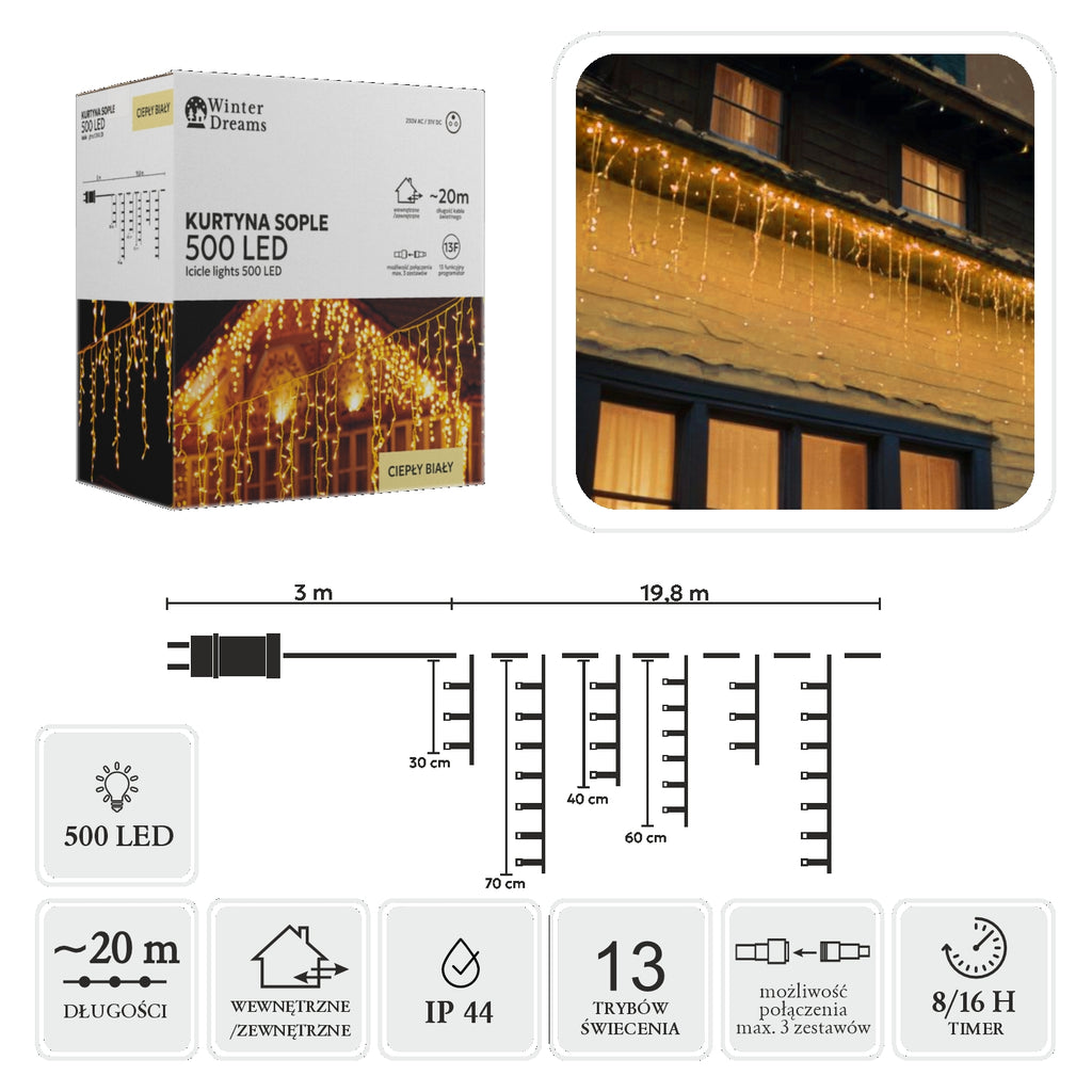 LED varveklių užuolaida, 500 LED, 20 m, šiltai balta