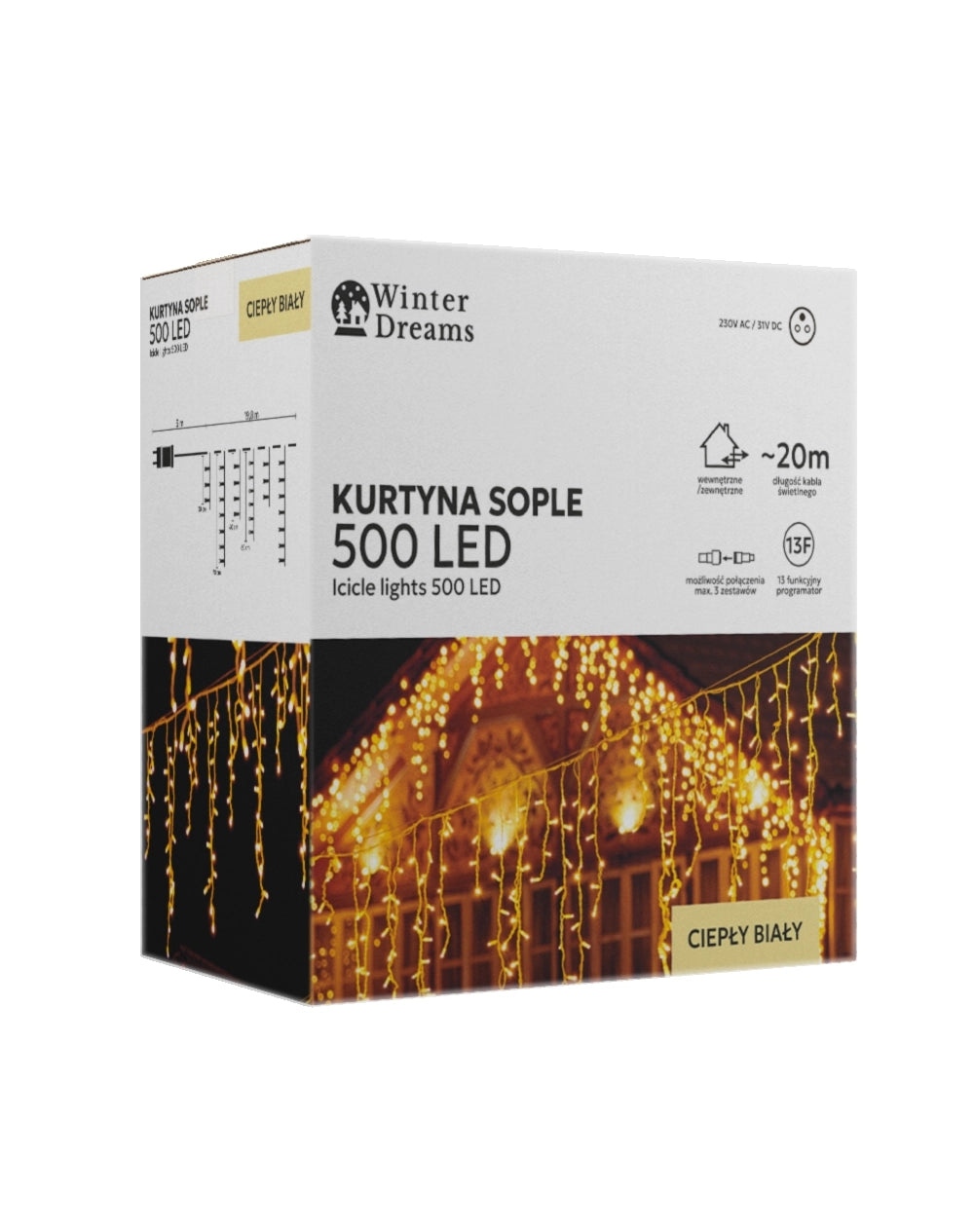 LED varveklių užuolaida, 500 LED, 20 m, šiltai balta