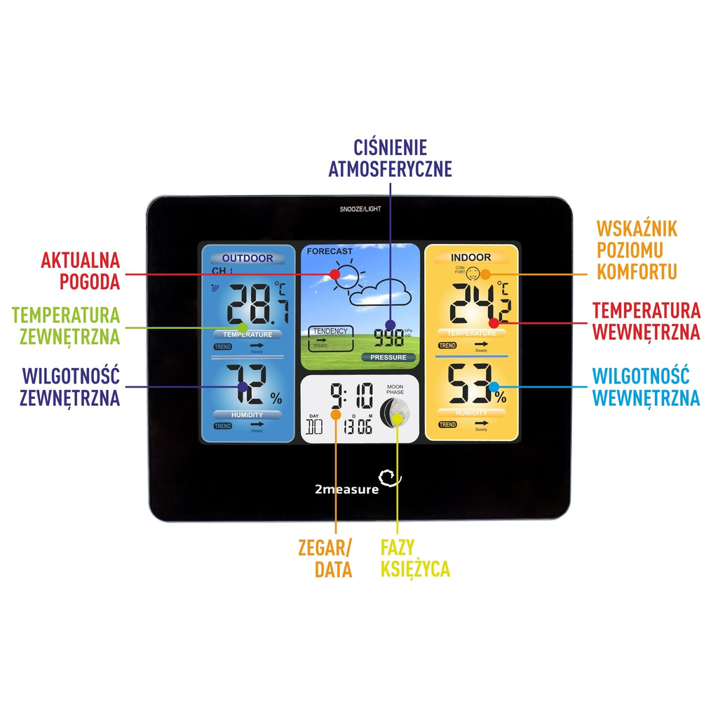 Meteorologinė stotis RCC – Elektroninė, bevielė, jutiklinė, juoda
