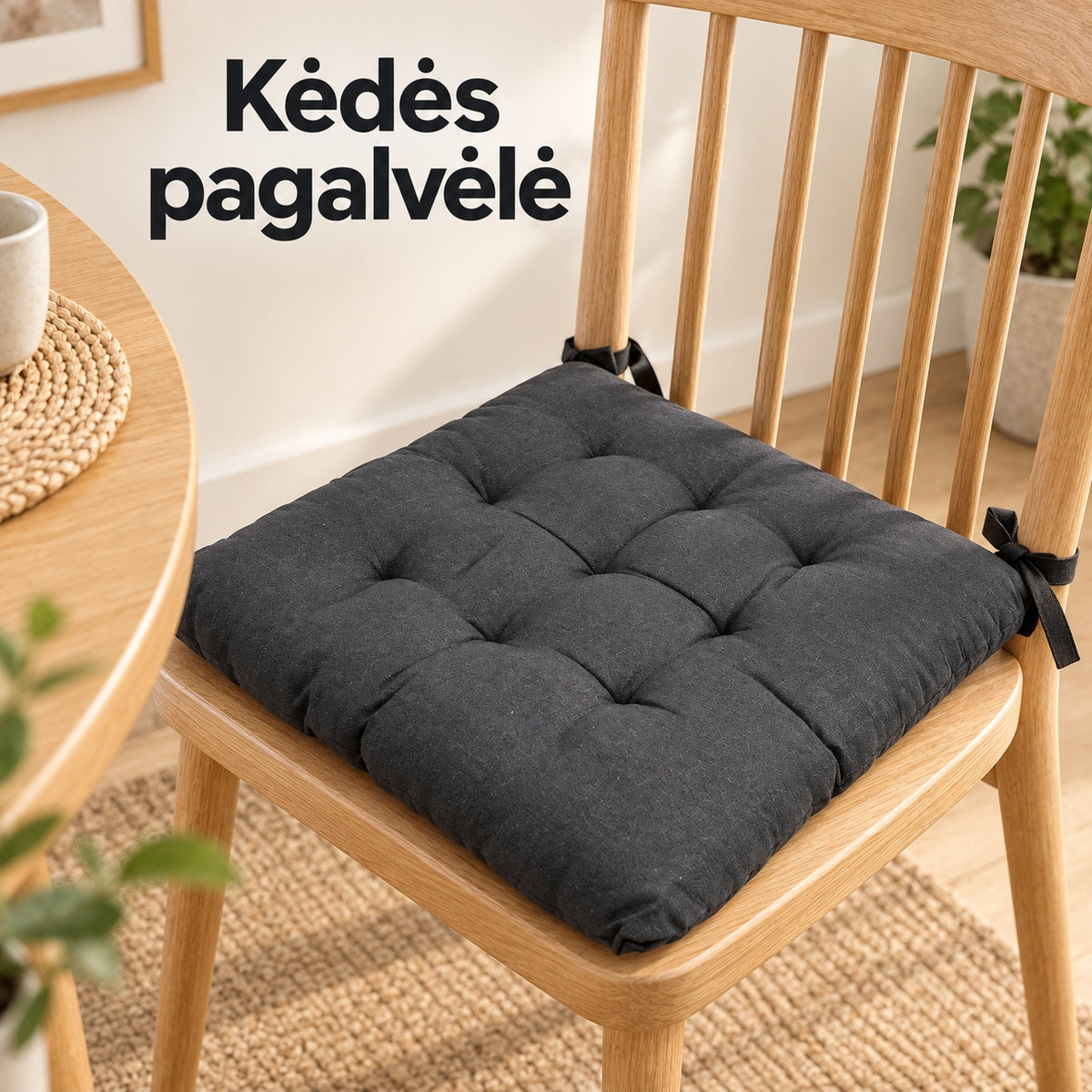 Minkšta kėdės pagalvėlė su raišteliais, juoda