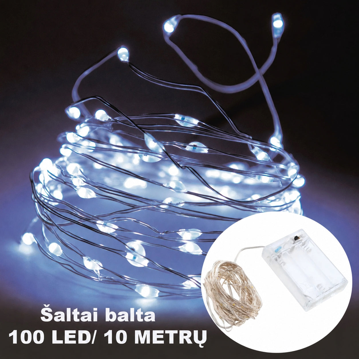Šaltai balta LED girlianda, 100 LED, 10 m AA