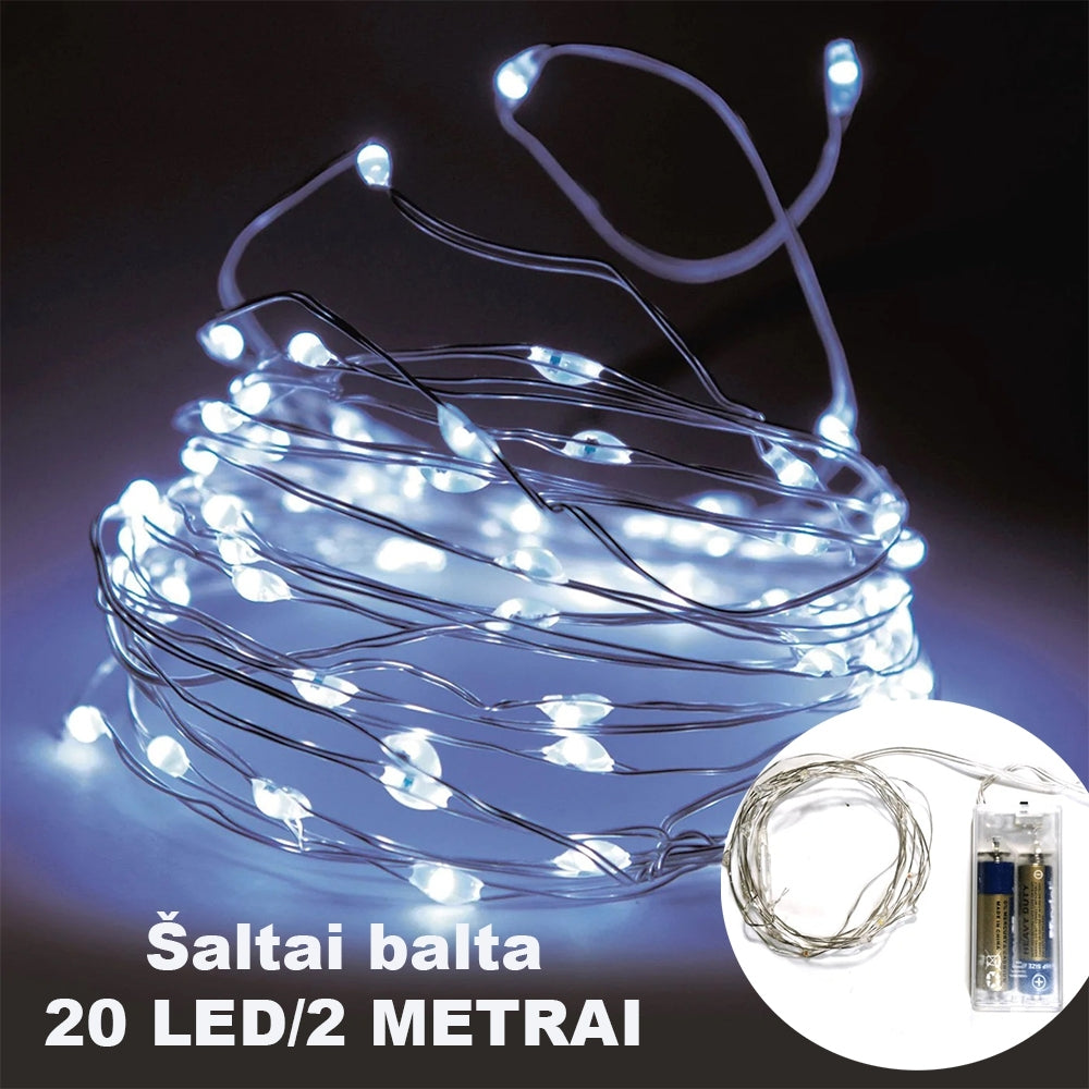 Šaltai balta LED girlianda, 20 LED, 2 m AA